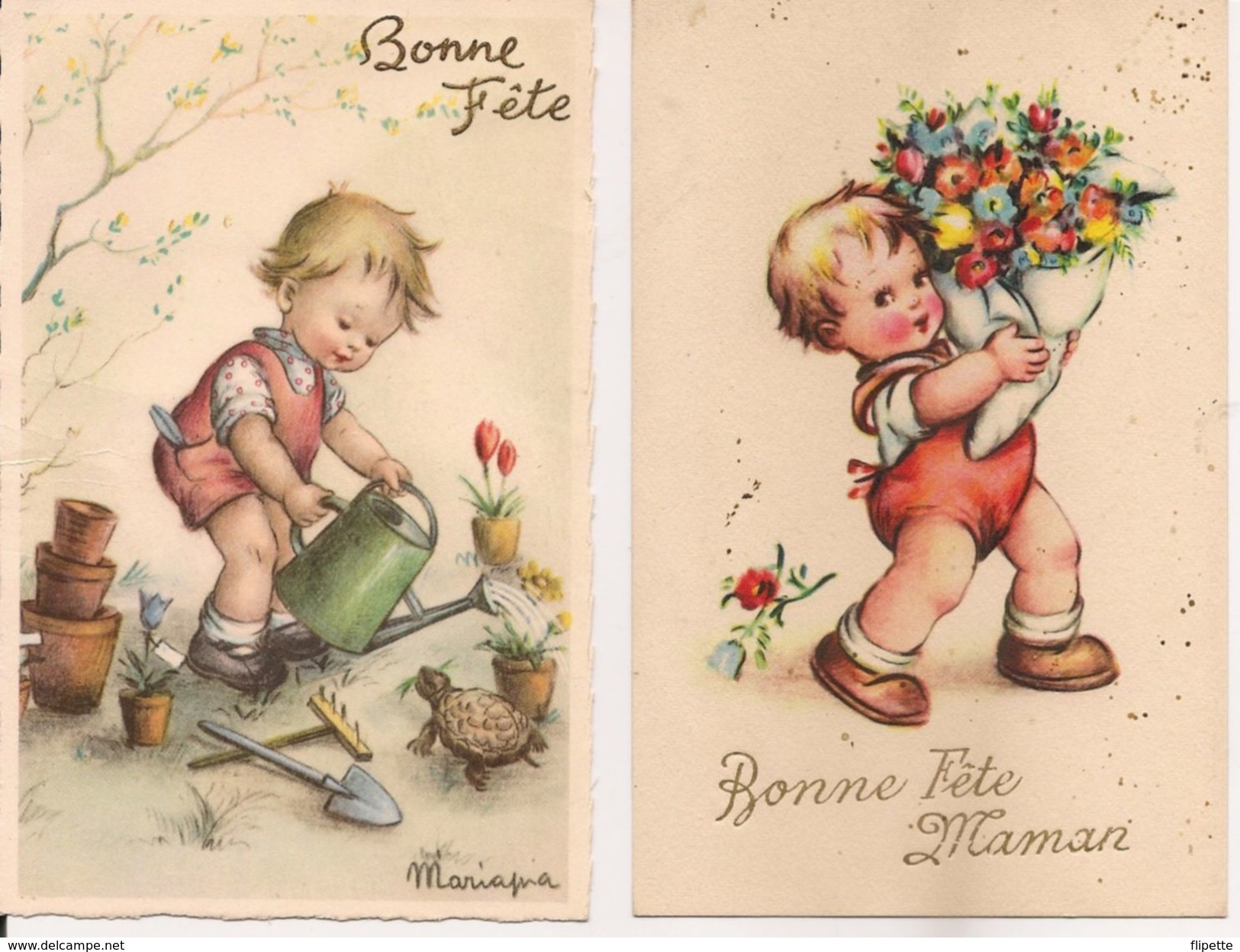 L32B035 - Lot De Deux  Cartes - Bonne Fête Maman:Enfant Portant Un Bouquet Et Bonne Fête :Enfant Jardinant (tortue) - Autres & Non Classés