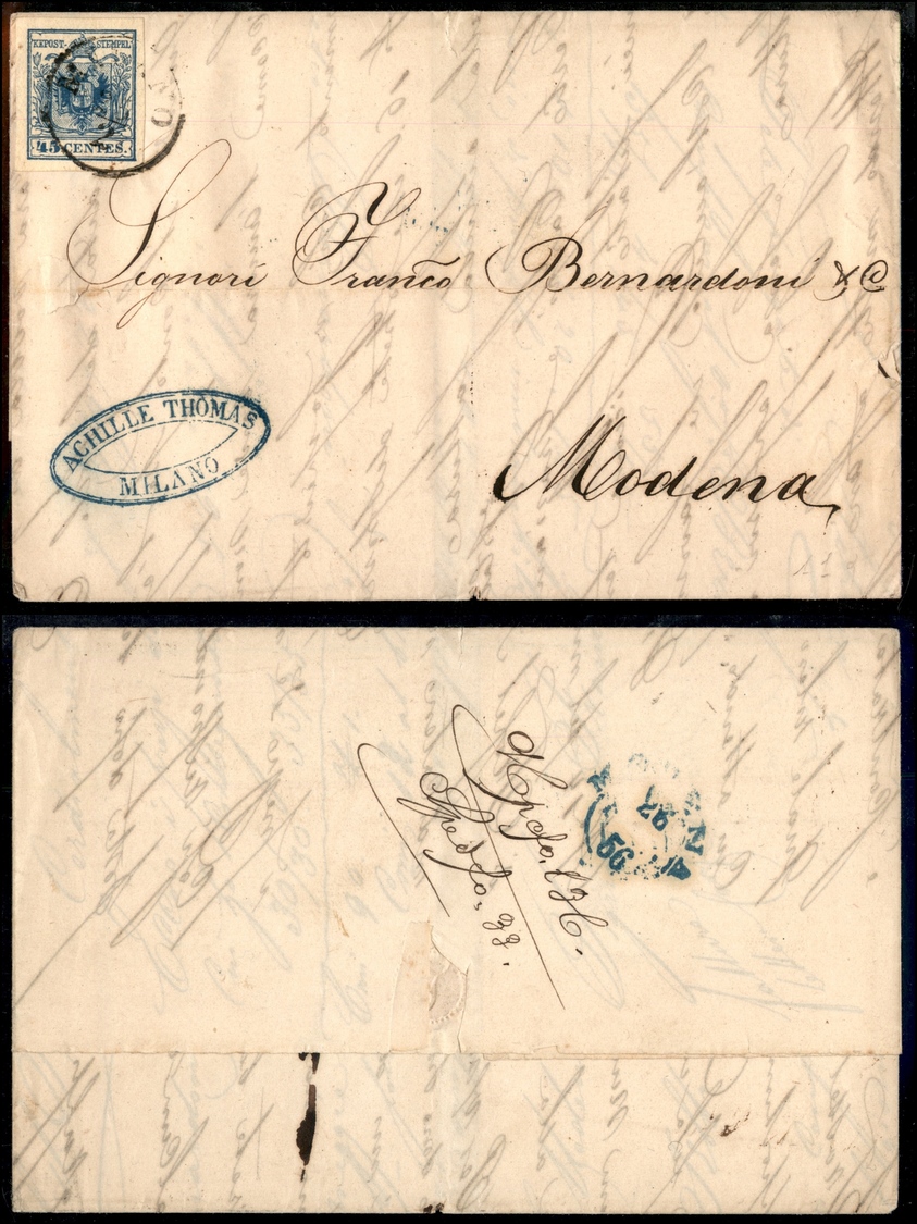 0008 LOMBARDO VENETO - 45 Cent (12) Su Lettera Da Milano A Modena Del 25.2.56 - Autres & Non Classés