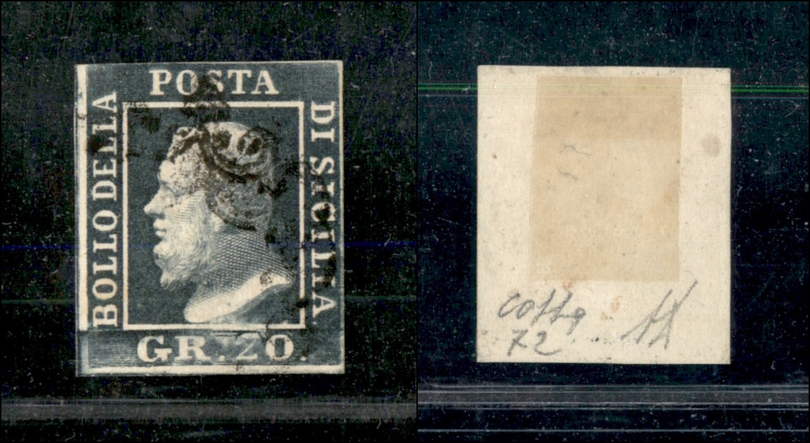 0098 SICILIA - 1859 - 20 Grana Ardesia (13) - Ritocco 72 - Perfetto In Alto - Diena + Cert. Colla (4.500) - Other & Unclassified