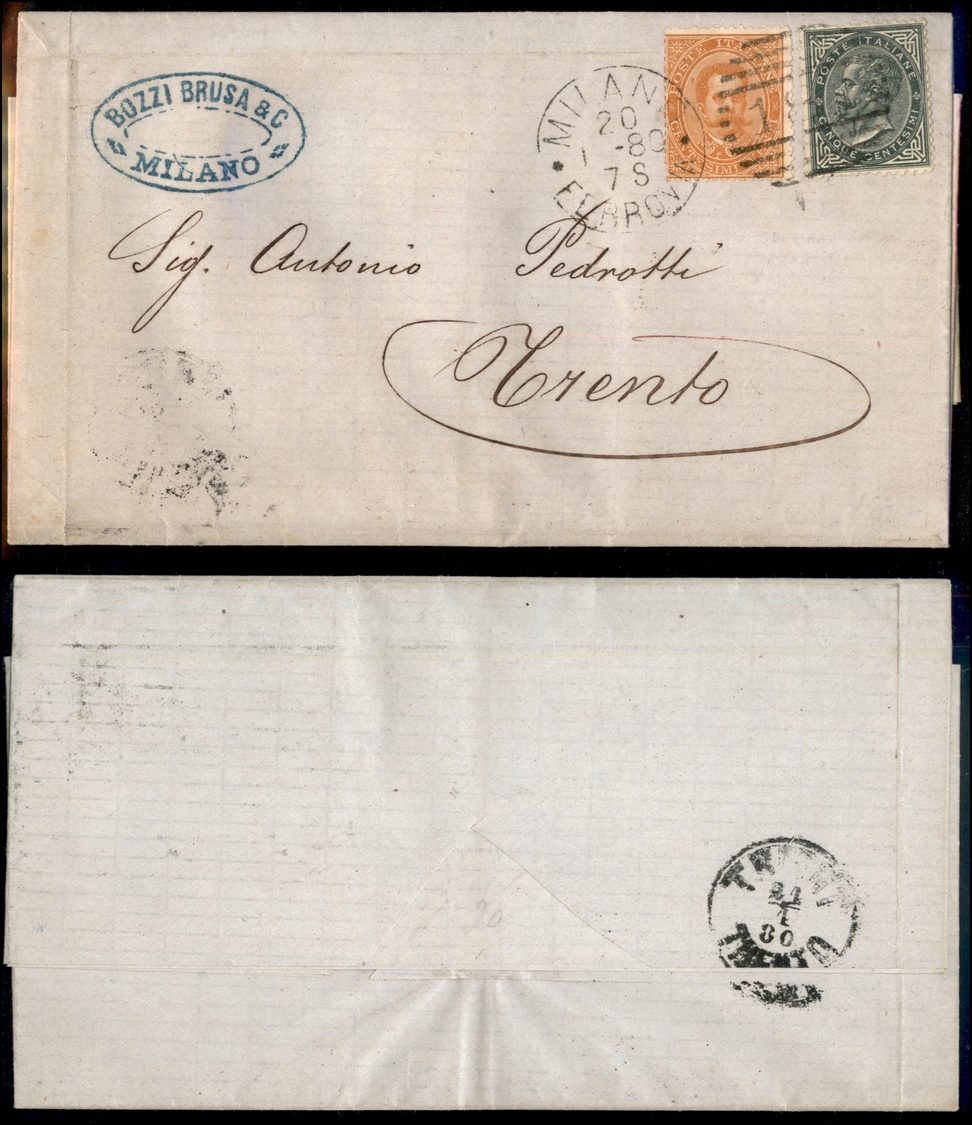 0187 REGNO - Due Re - 5 Cent (16) + 20 Cent (38) - Lettera Da Milano A Trento Del 20.1.80 - Other & Unclassified