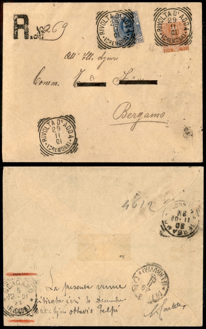 0201 REGNO - Due Re - 25 Cent (60) + 20 Cent (72) - Raccomandata Da Rivolta D’Adda A Bergamo Del 29.11.01 - Diena - Other & Unclassified