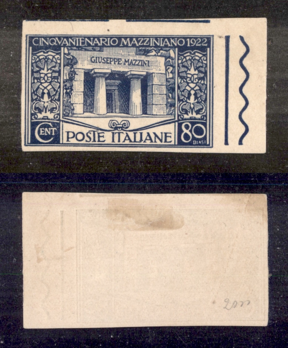 0229 REGNO - 1922 - Prova Del 80 Cent Mazzini (130) Su Carta Patinata - Bordo Foglio - Leggera Piega Al Retro - Gomma In - Other & Unclassified