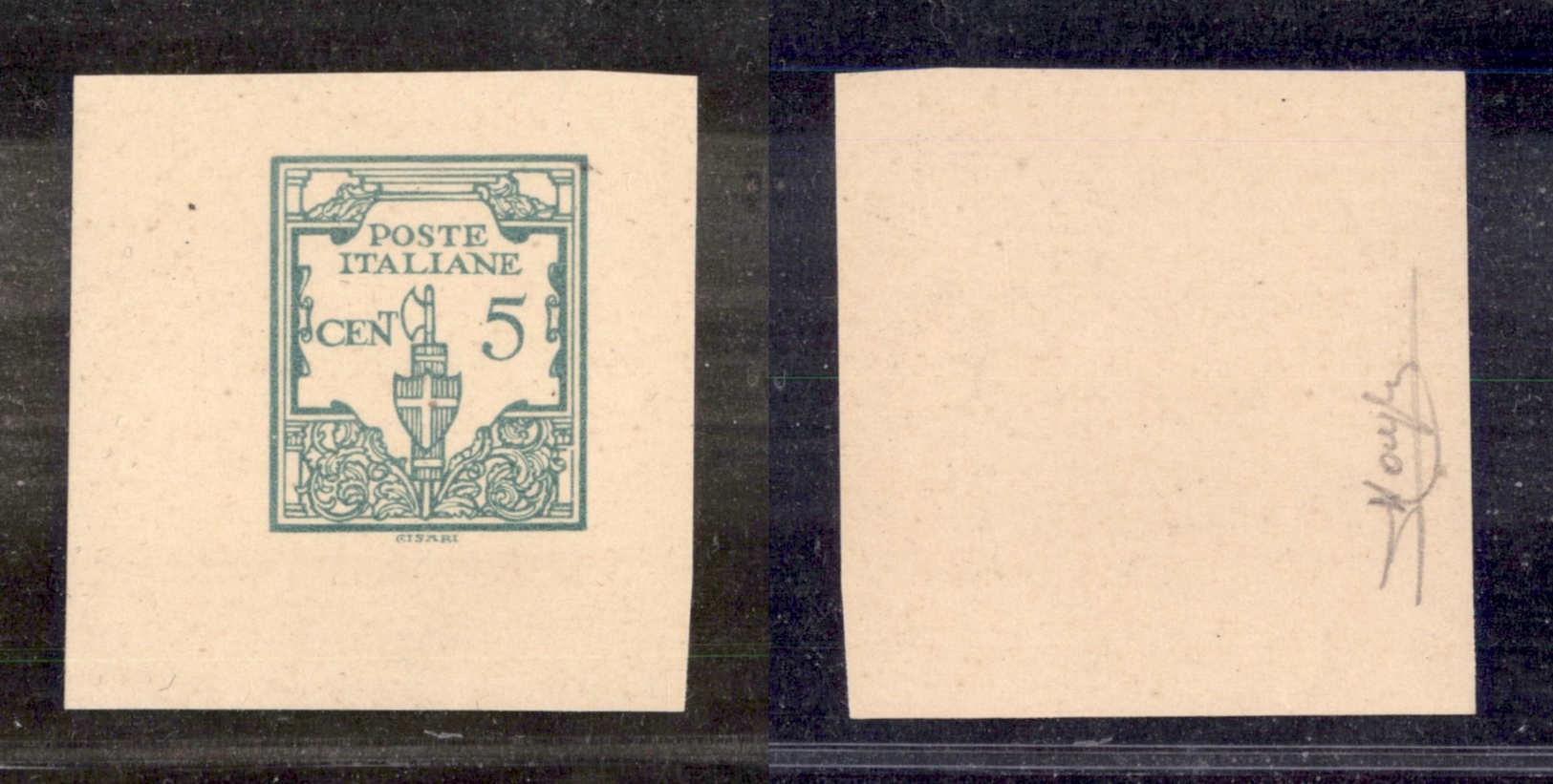 0237 REGNO - 1923 - Saggi Cisari - 5 Cent Serie Artistica - Stampa In Verde Su Cartoncino Crema - Cert. Raybaudi - Other & Unclassified