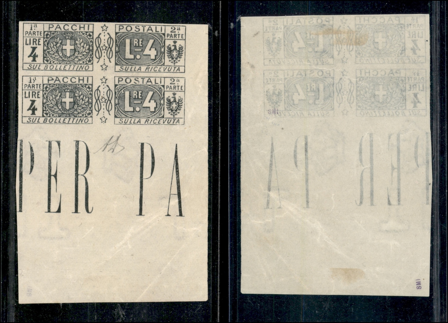 0291 REGNO - 1914/1922 - Coppia Del 4 Lire Pacchi Postali (15f) - Bordo Foglio - Senza Gomma - Diena (440+) - Other & Unclassified