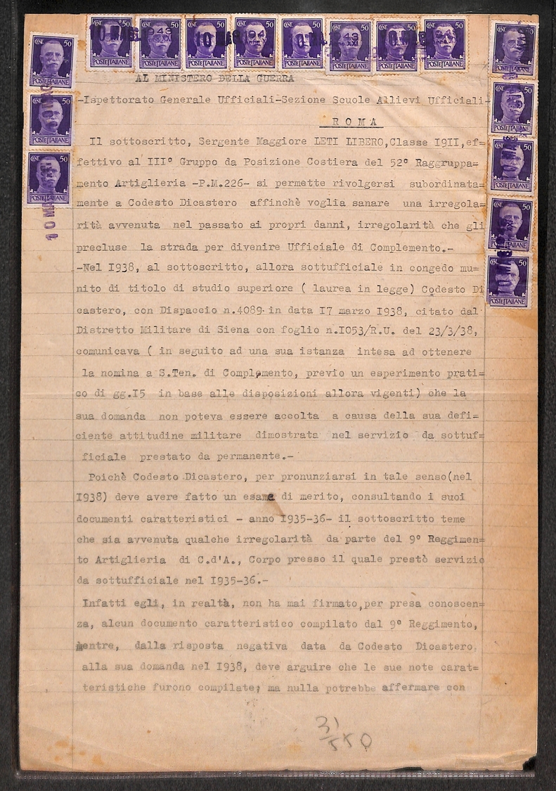 0320 REGNO - III° Gruppo Di Posizione Costiera - Sedici Pezzi Del 50 Cent Imperale (251) Su Documento Di Richiesta Di Pr - Other & Unclassified