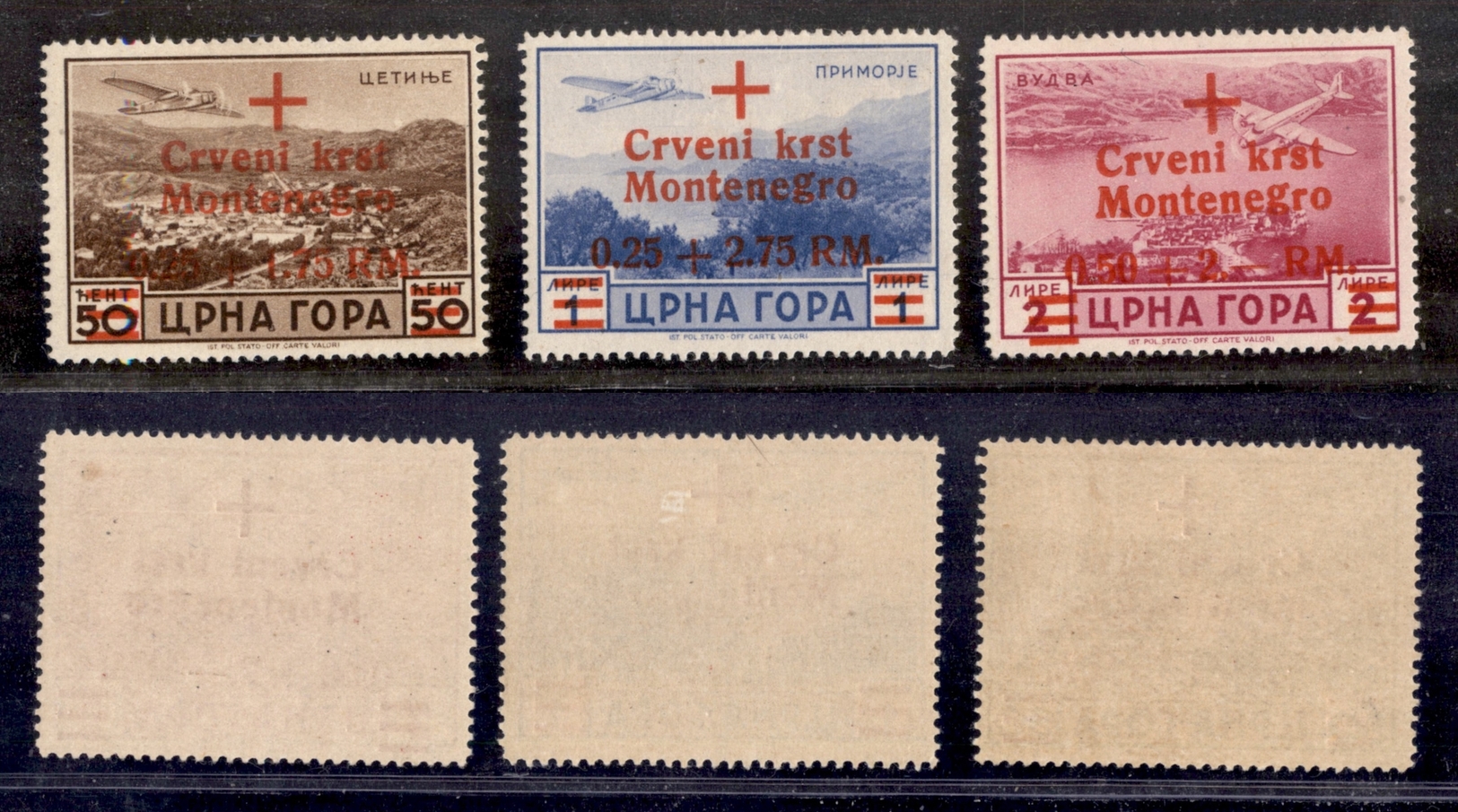 0538 OCCUPAZIONI - MONTENEGRO - 944 - Posta Aerea (A9/A11) - Serie Completa Di 3 Valori - 0,50 + 2,00 Rm Su 2 Lire Con S - Other & Unclassified