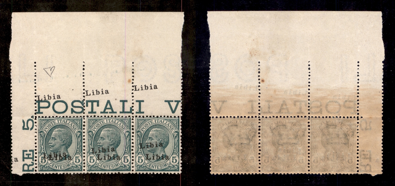 0561 COLONIE - LIBIA - 1912/1915 - Striscia Angolare Di Tre Del 5 Cent Leoni (3fa) Con Doppia Soprastampa E Soprastampa  - Other & Unclassified