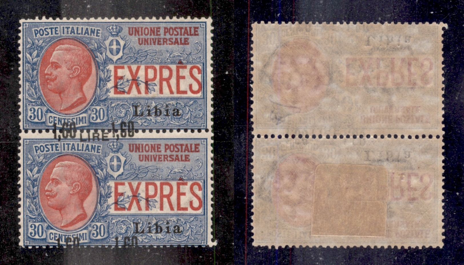 0596 COLONIE - LIBIA - 1922 - 1,60 Lire Espresso (6b) - Coppia Verticale Da Bordo Foglio Con Soprastampe A Cavallo - Par - Other & Unclassified