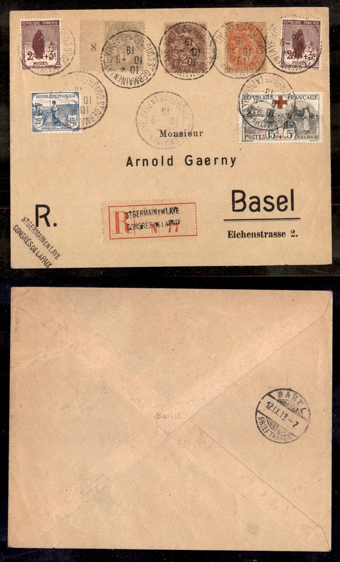 0764 FRANCIA - 1919 (10 Settembre) - Congresso Di Pace - Raccomandata Per Basilea (86/88+128 Due +131+136) - Other & Unclassified