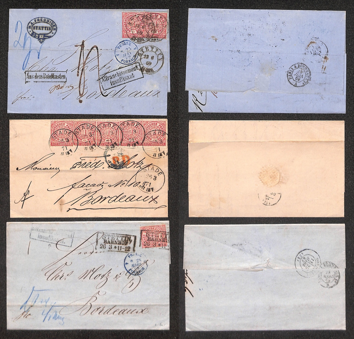 0778 GERMANIA - Germania Del Nord - 1 Groschen (15) - Tre Lettere D’archivio Per Bordeaux (1869/1871) Con Diverse Affran - Other & Unclassified