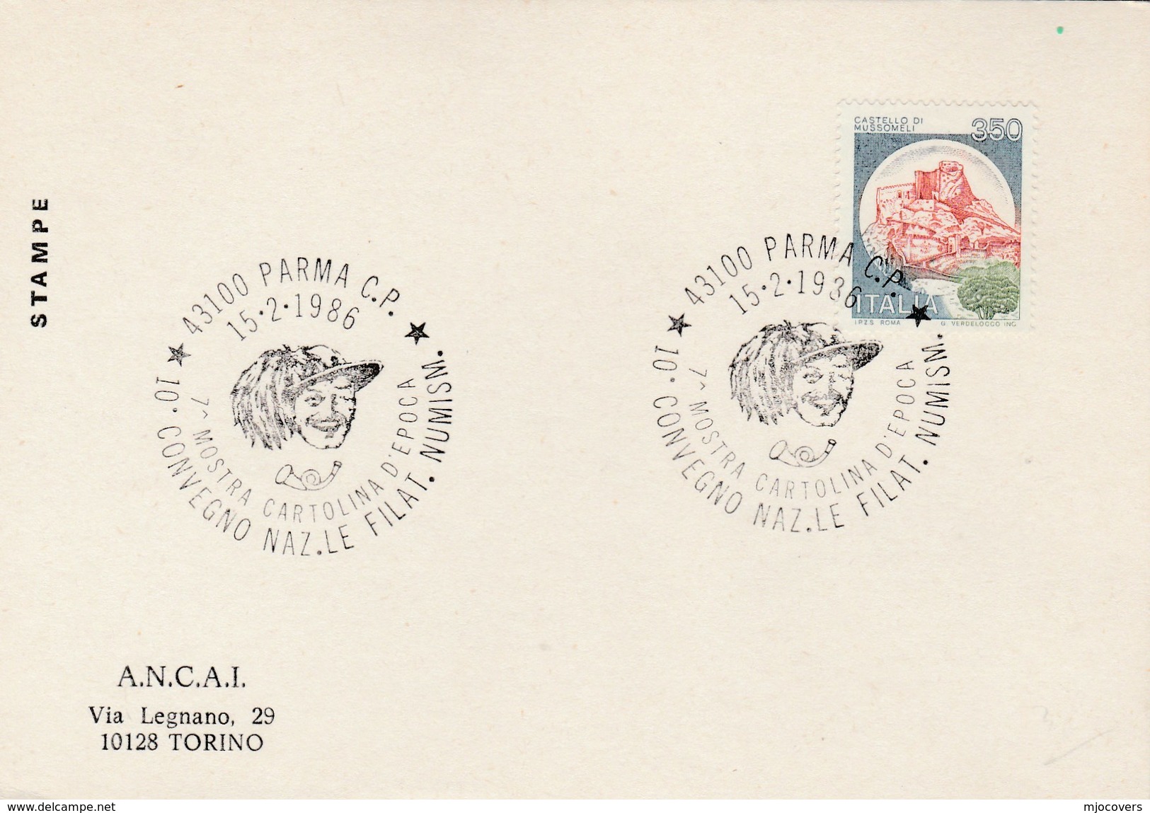 1986 PARMA National VINTAGE POSTCARD EXHIBITION EVENT COVER Card ITALY Stamps Philatelic Exhibition Hat - Philatelic Exhibitions