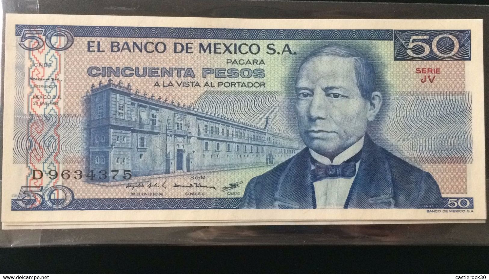 L) 1981 MEXICO, BANKNOTES, BENITO PABLO JUAREZ GARCIA, PRESIDENT, AZTEC TEMPLE, 50 PESOS, SERIE JV, ARCHITECTURE, XF - Mexico