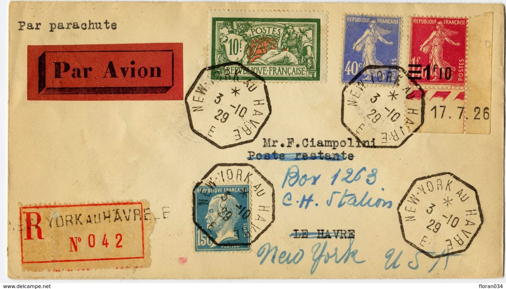 France LRec. Affr. N° 207, 181, 228, 237 Obl Càd New-York Au Havre - S. Calves - Superbe - Storia Postale