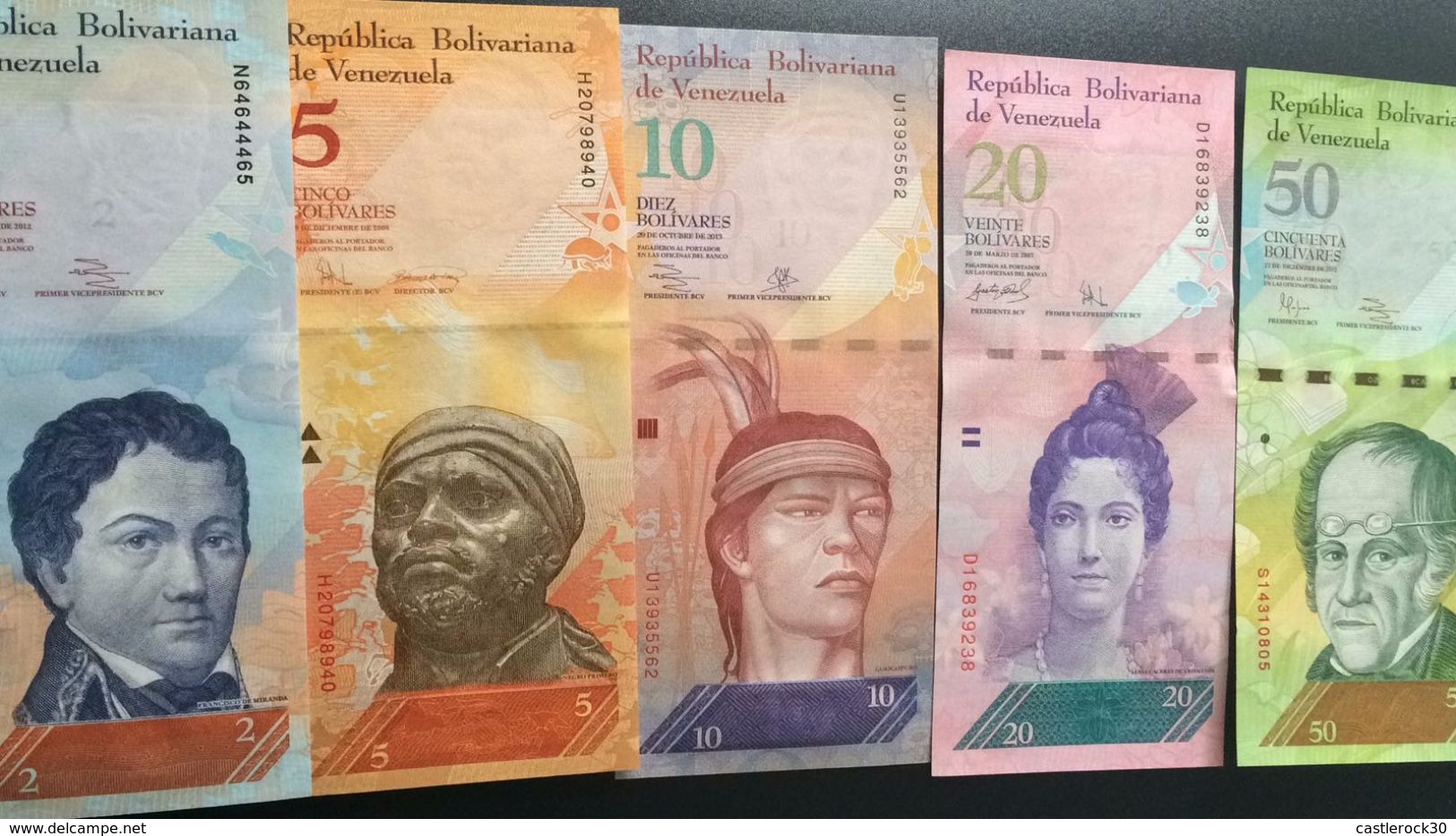 L) 2012 VENEZUELA, BANKNOTES, FRANCISCO DE MIRANDA, 2 BOLIVARS, BLACK FIRST, 5 BOLIVARS, GUAICAIPURO, INDIAN, 10 - Venezuela