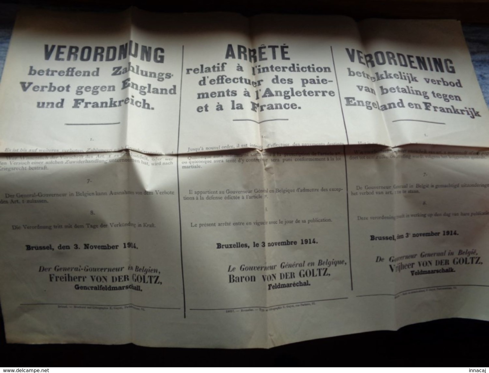 Réf: 69-16-370.    Affiche Du Gouverneur Général En Belgique   Baron VON DER GOLTZ - Documents