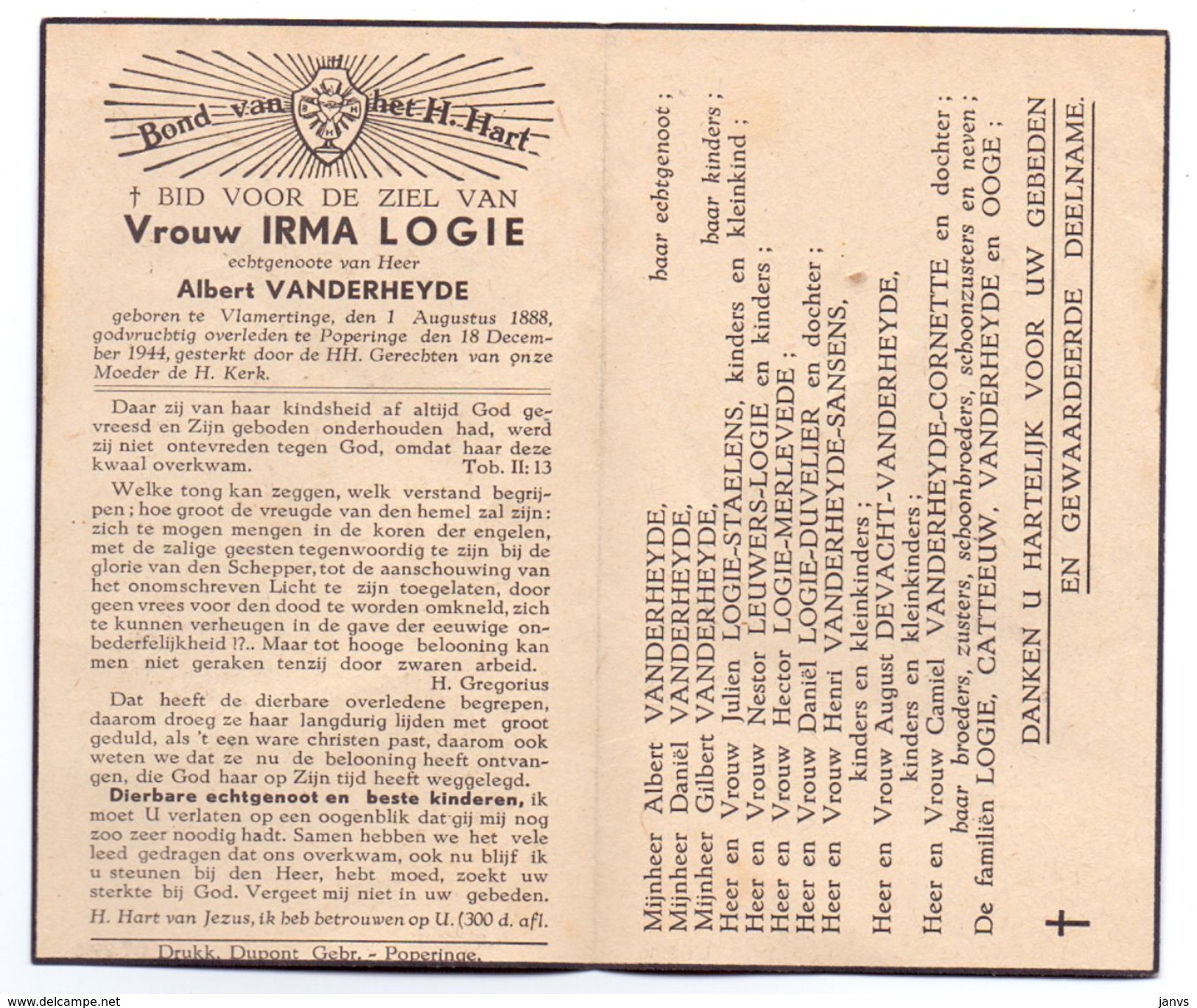 Devotie - Devotion - Irma Logie - Vlamertinge 1888 - Poperinge 1944 - Vanderheyde - Obituary Notices