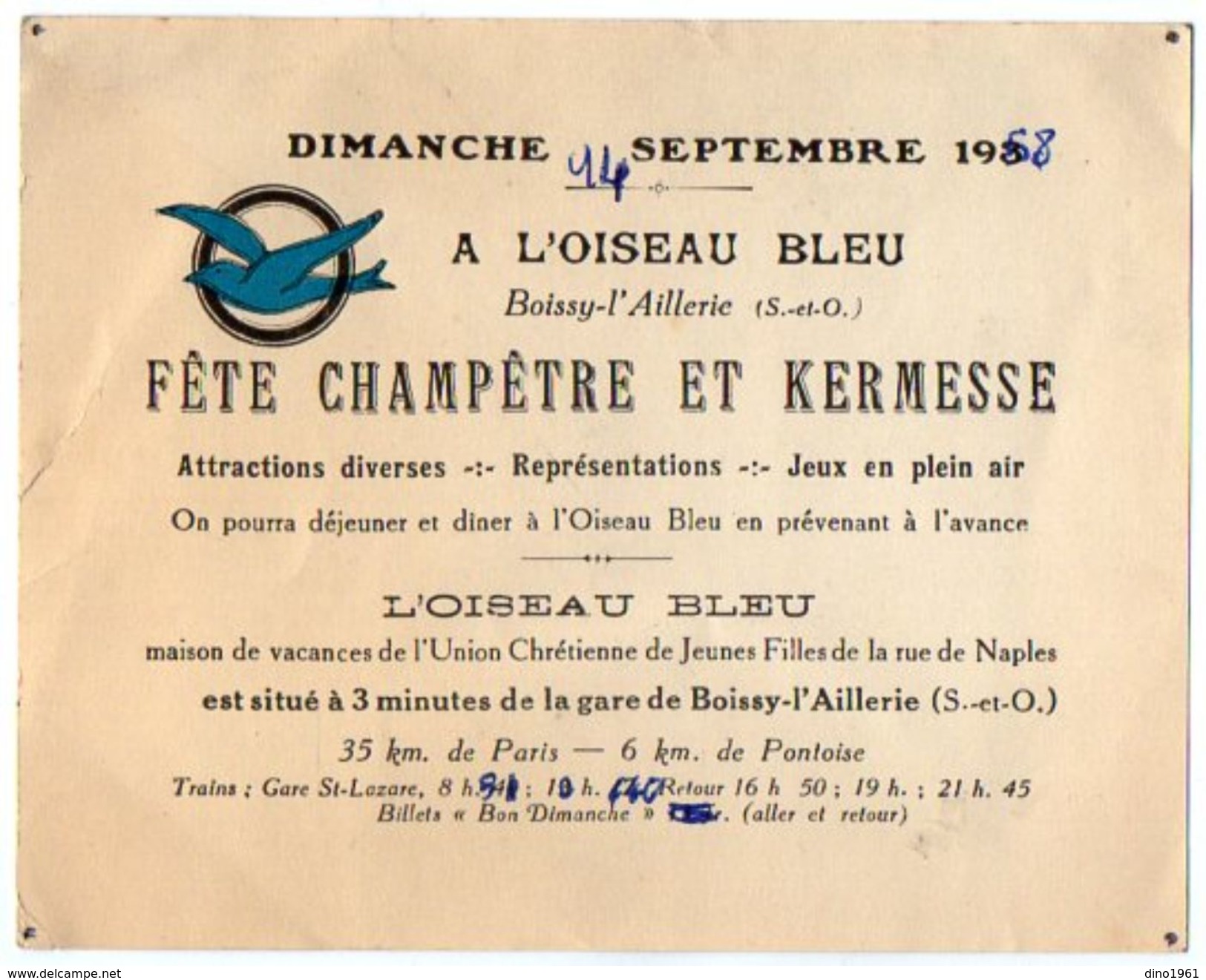 VP11.375 - Carte D'invitation Pour La Fête Champêtre & Kermesse à ¨ L'Oiseau Bleu ¨ BOISSY L'AILLERIE ( Seine & Oise ) - Sonstige & Ohne Zuordnung