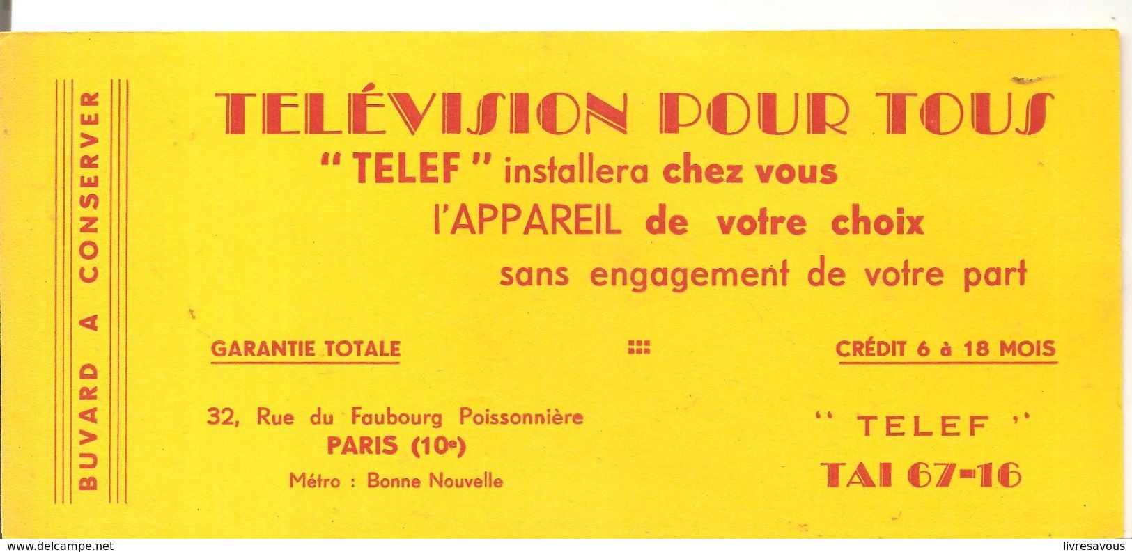 Buvard TELEF Télévision Pour Tous 32, Rue Du Faubourg Poissonnière Paris - T