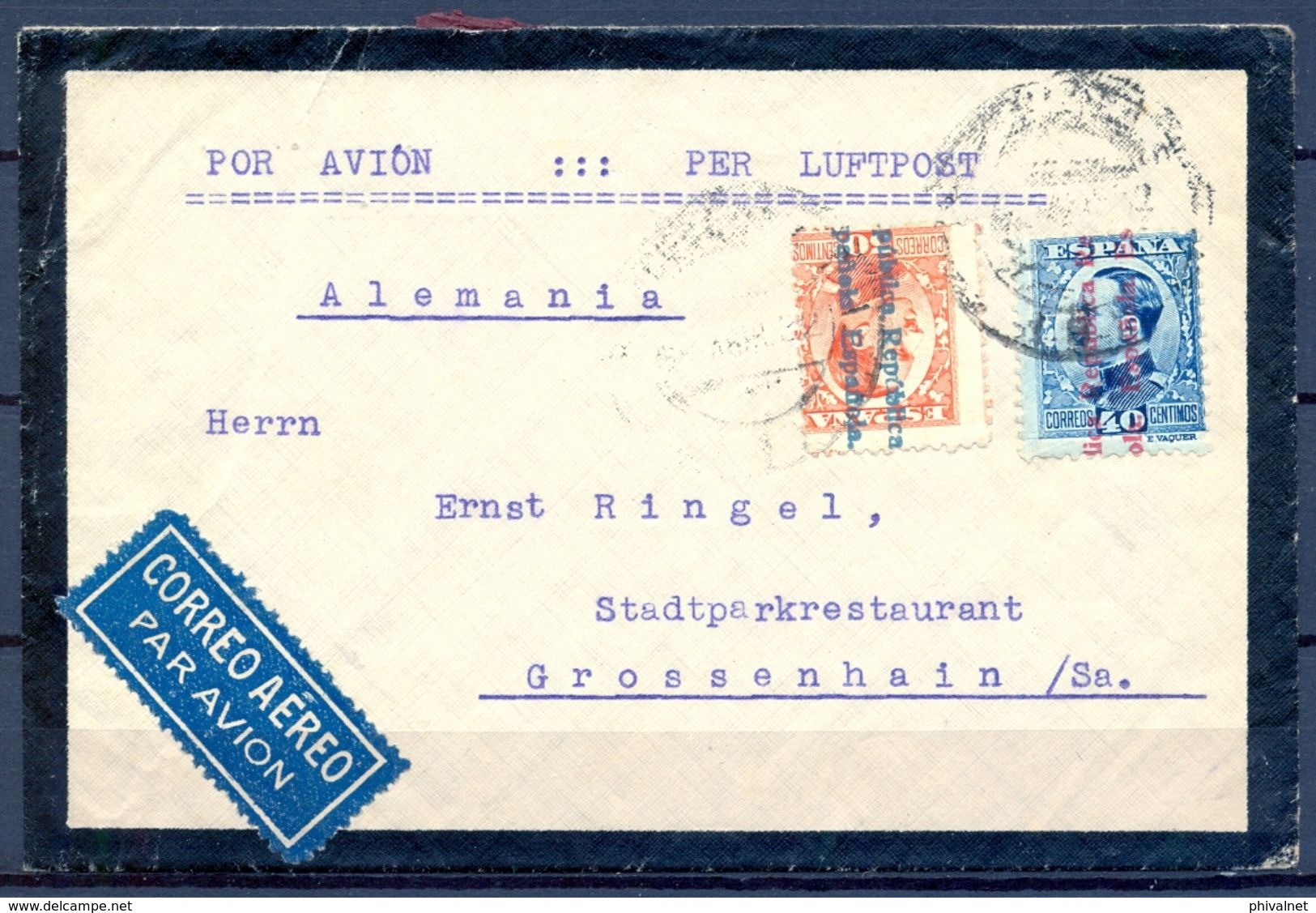 1932 , BARCELONA , SOBRE CIRCULADO A GROSSENHAIN , CORREO AÉREO , ED. 600 , 601 - Cartas & Documentos