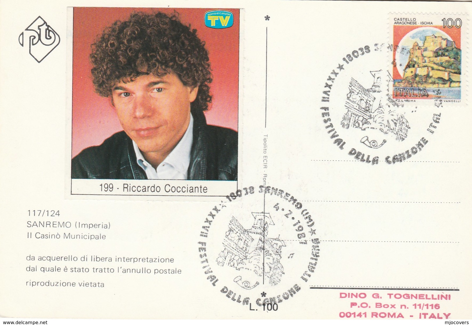 1987 RICCARDO COCCIANTE SanRemo Festival EVENT COVER Music Italy Stamps Card - Music