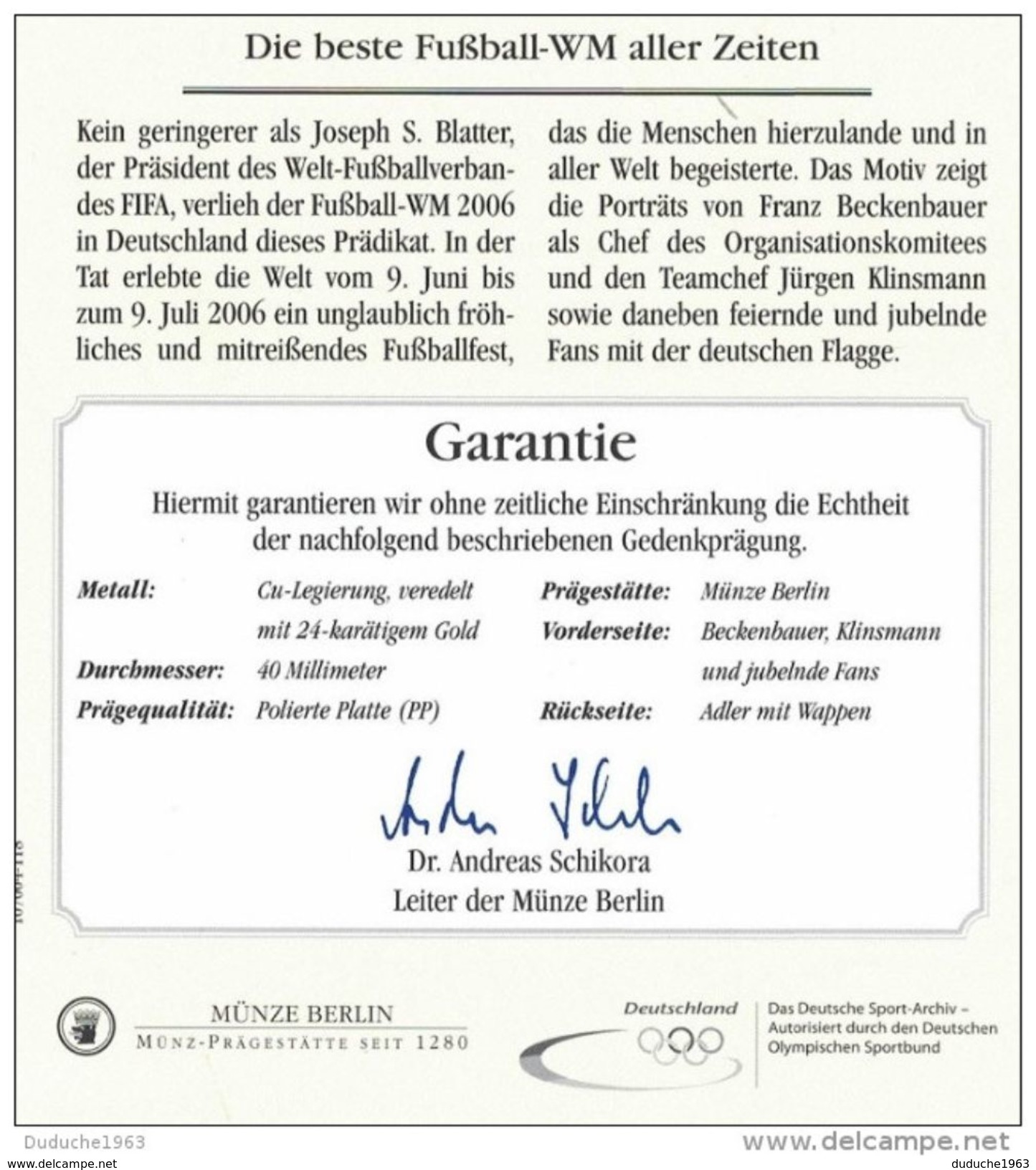 Médaille Doré Or Fin Allemagne. Football Euro 2008 - Genève. Neuve - Collections