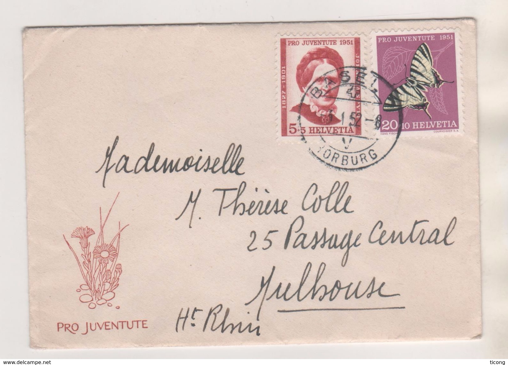 SUISSE NOUVELLE ANNEE 1952 - ENVELOPPE PRO JUVENTE AVEC COURRIER ILLUSTREE PRO JUVENTE - J.SPYRI ( HEIDI ) ET PAPILLON - Briefe U. Dokumente