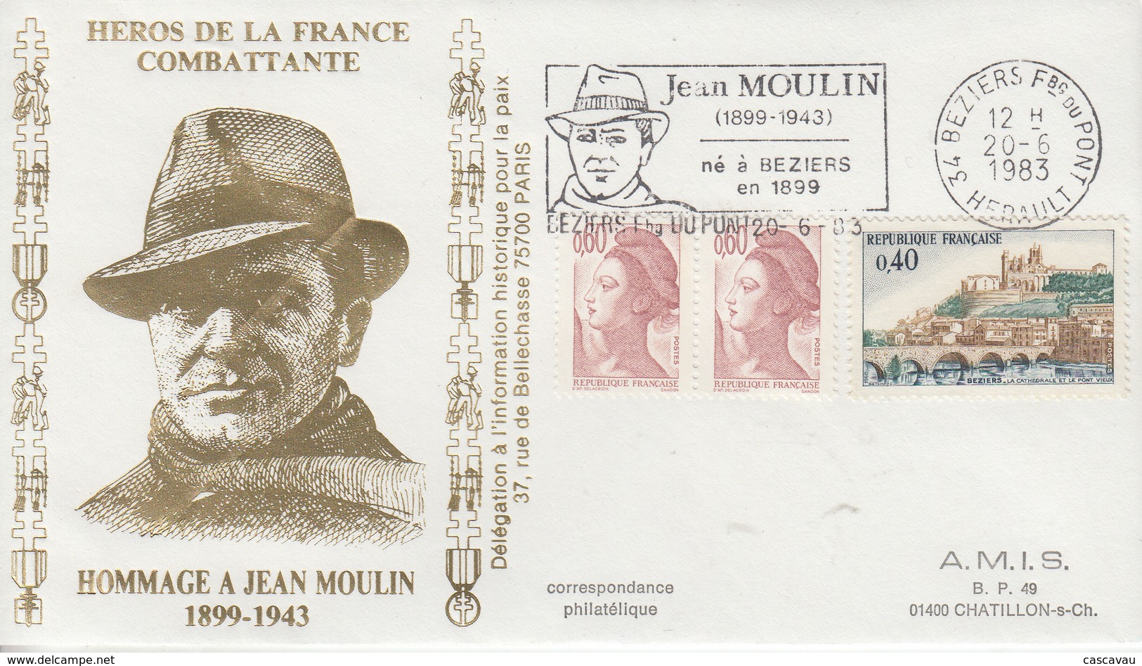 Enveloppe   Hommage  à   JEAN   MOULIN    BEZIERS   1983 - WW2