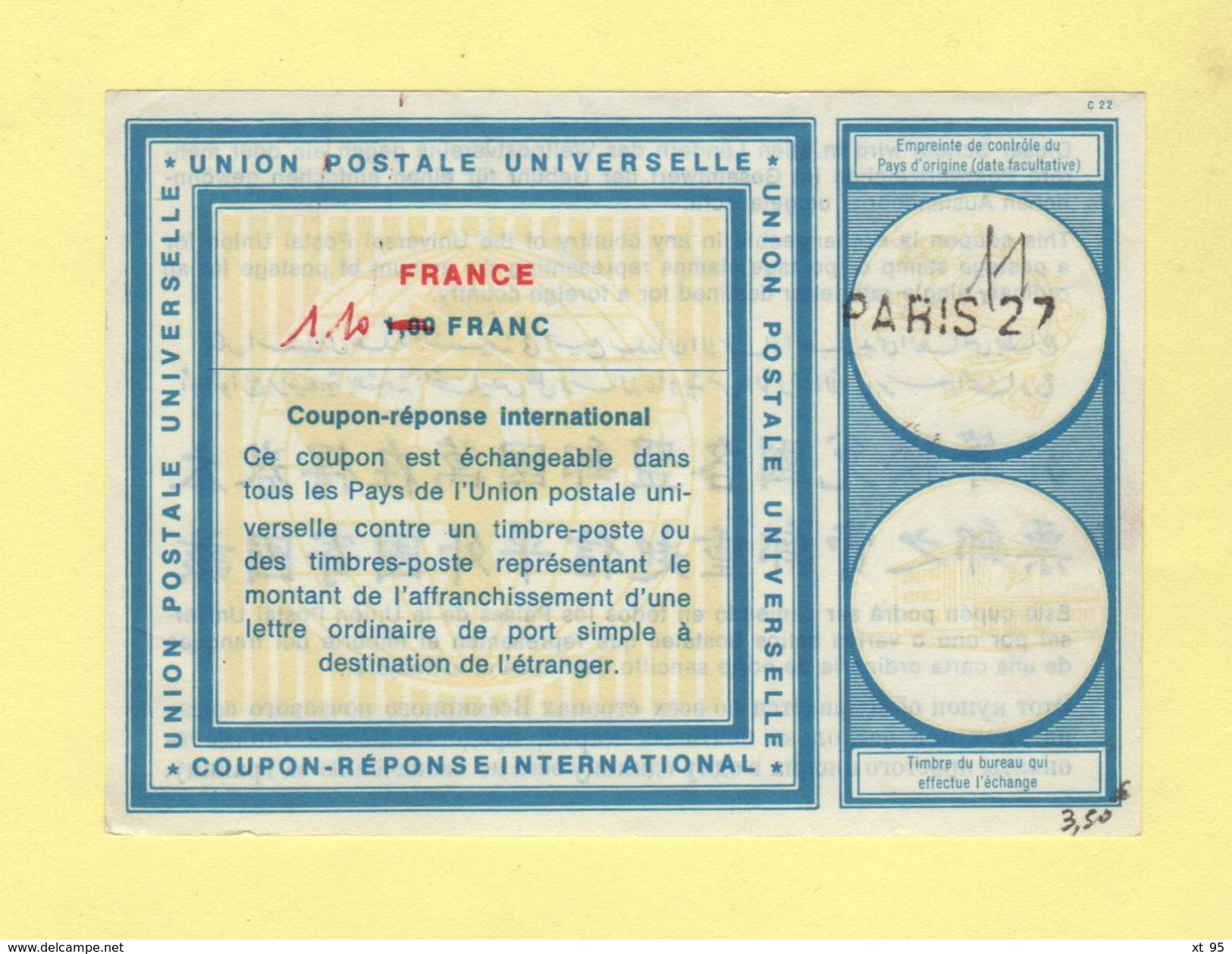 Coupon Reponse International - C22 - Paris 27 - 1.10 Franc - Reply Coupons