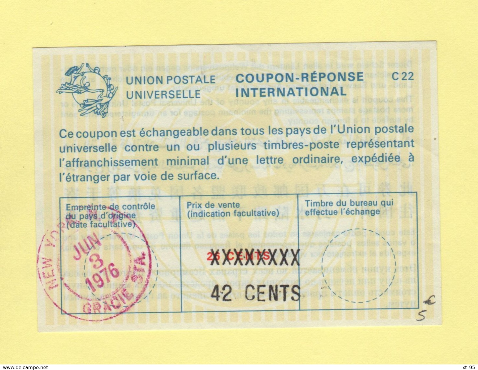 Coupon Reponse International - C22 - New York - 42 Cents Sur 25 Cents - Reply Coupons