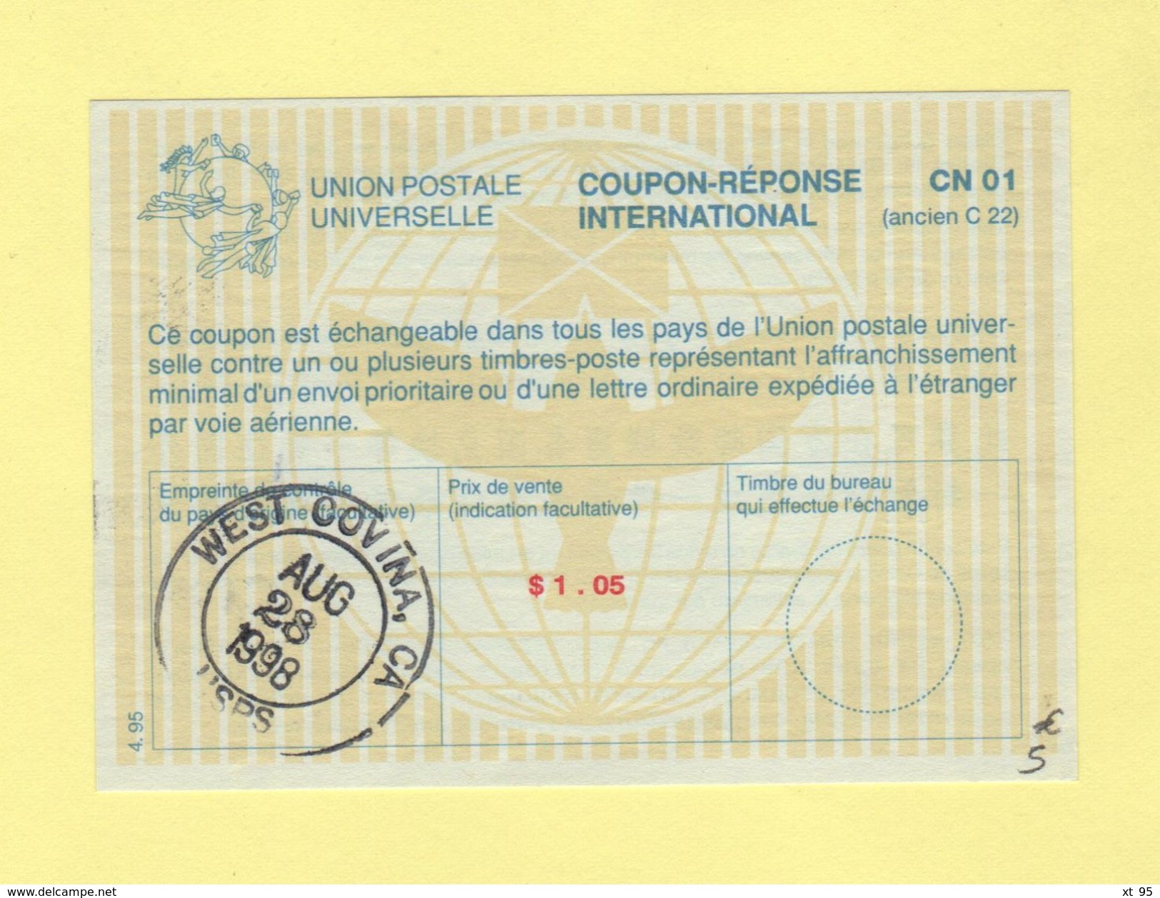 Coupon Reponse International - CN01 - West Covina - 1.05$ - Coupons-réponse