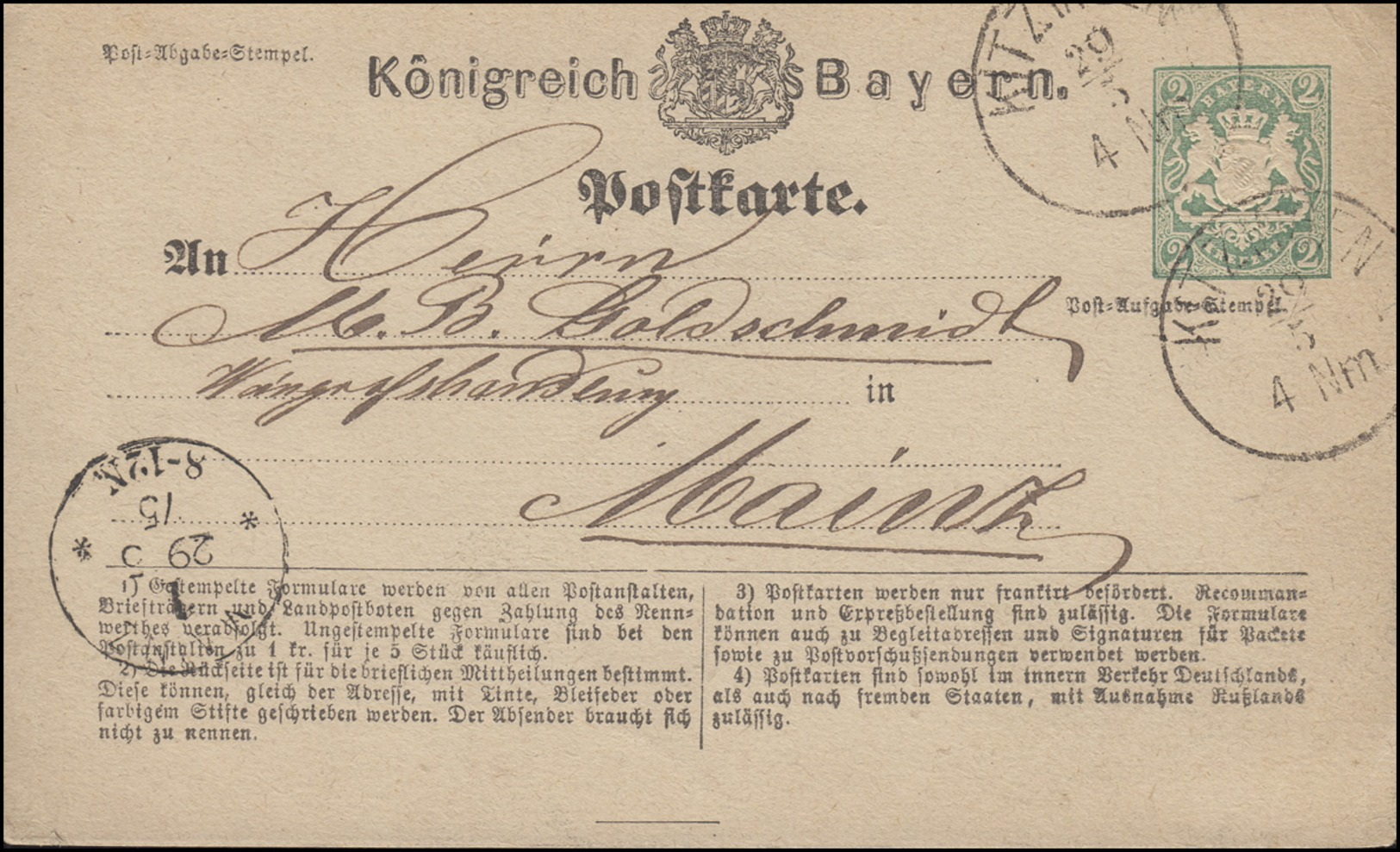 Postkarte P 4I Wappen 2 Kreuzer Von KITZINGEN 29.5.1875 Nach MAINZ 29.5.75 - Autres & Non Classés