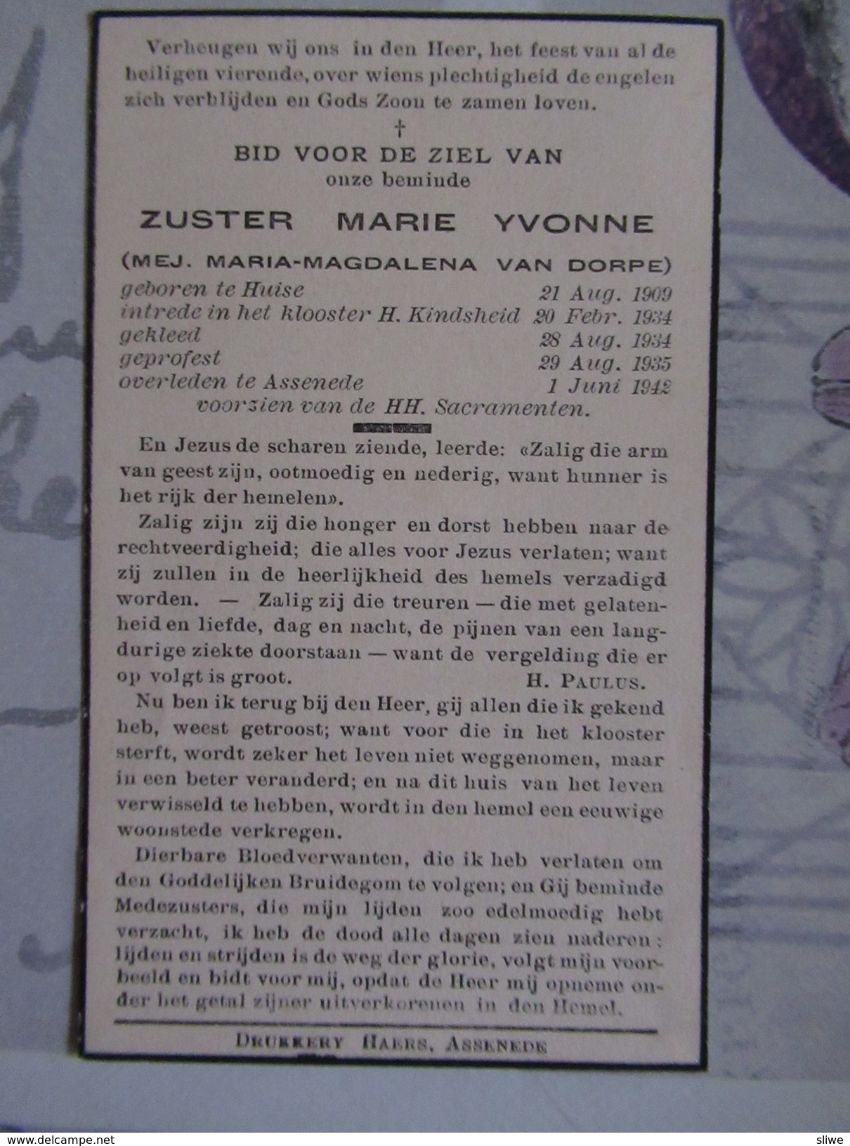 BIDPRENTJE ZUSTER MARIA-MAGDALENA VAN DORPE HUISE ASSENEDE - Religion & Esotérisme