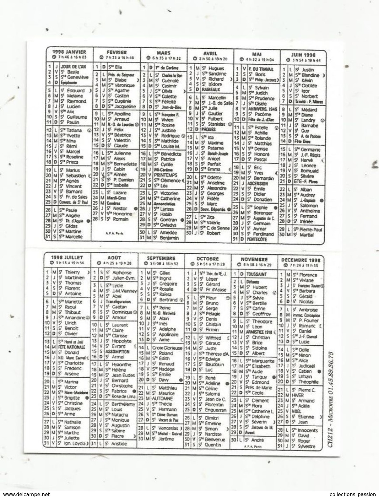 CALENDRIER , Petit Format , SAPEURS POMPIERS , 3 Scans , 1998 , Microfire , Dépot-vente Collection , Paris XIII E - Petit Format : 1991-00