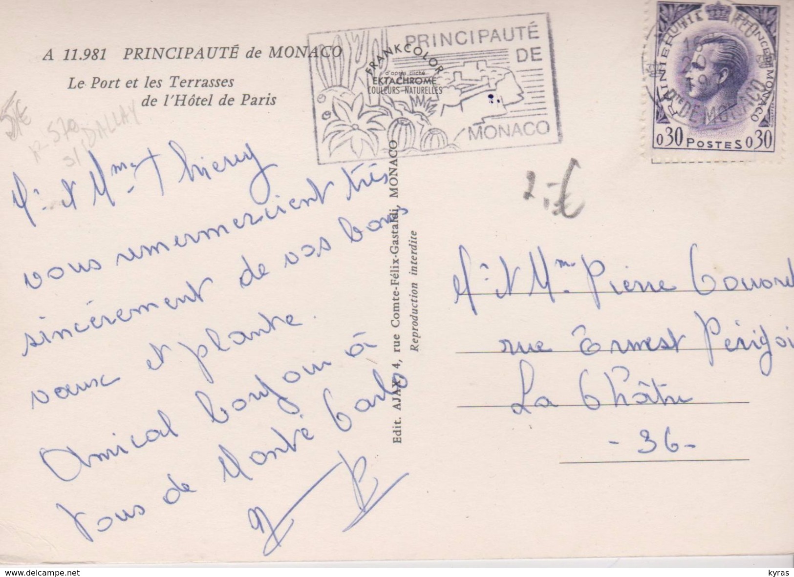 Timbre MONACO  0.30 F Violet  S/ Carte Postale 1 - Brieven En Documenten