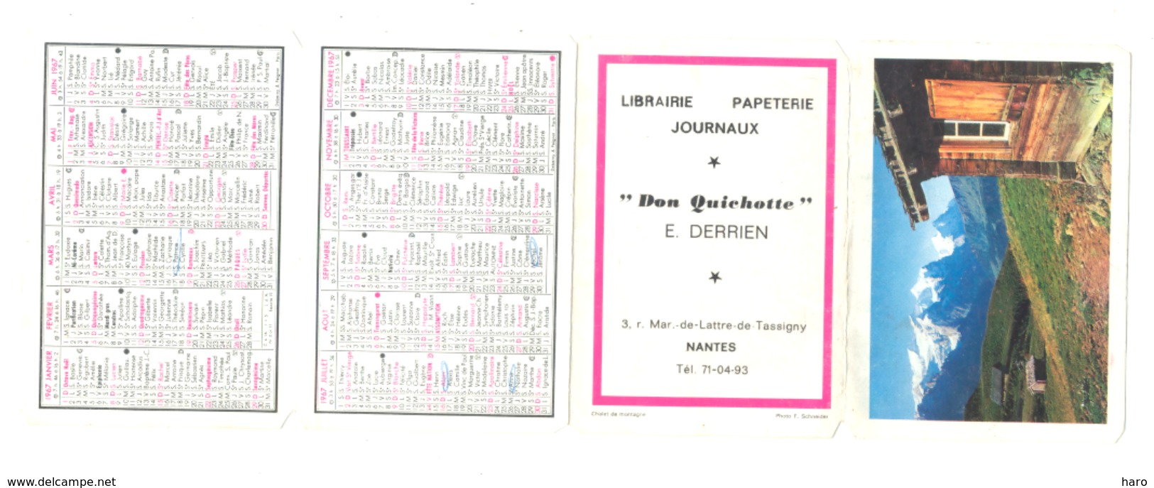 Petit Calendrier 1967  - Librairie, Papeterie, Journaux " Don Quichotte " E. DERRIEN à NANTES  (Fr55) - Petit Format : 1961-70