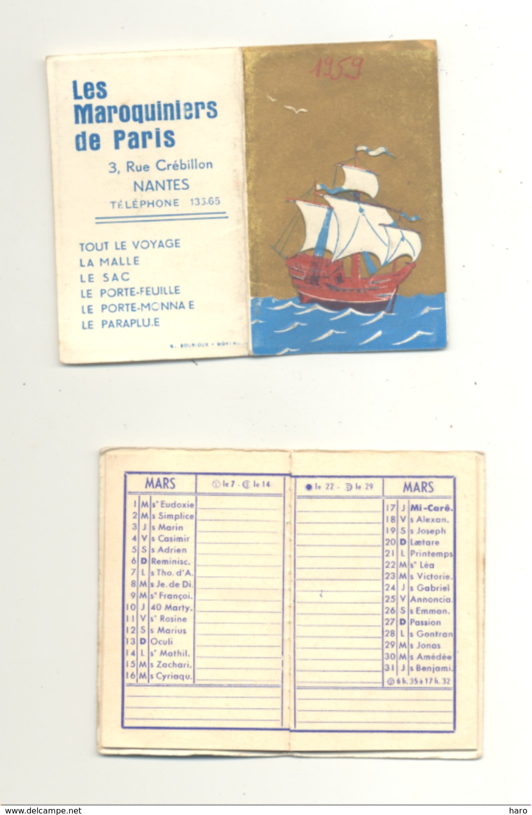 Petit Calendrier Agenda 1959 Et 66 - Les Maroquiniers De Paris  à NANTES  (Fr55) - Tamaño Pequeño : 1961-70