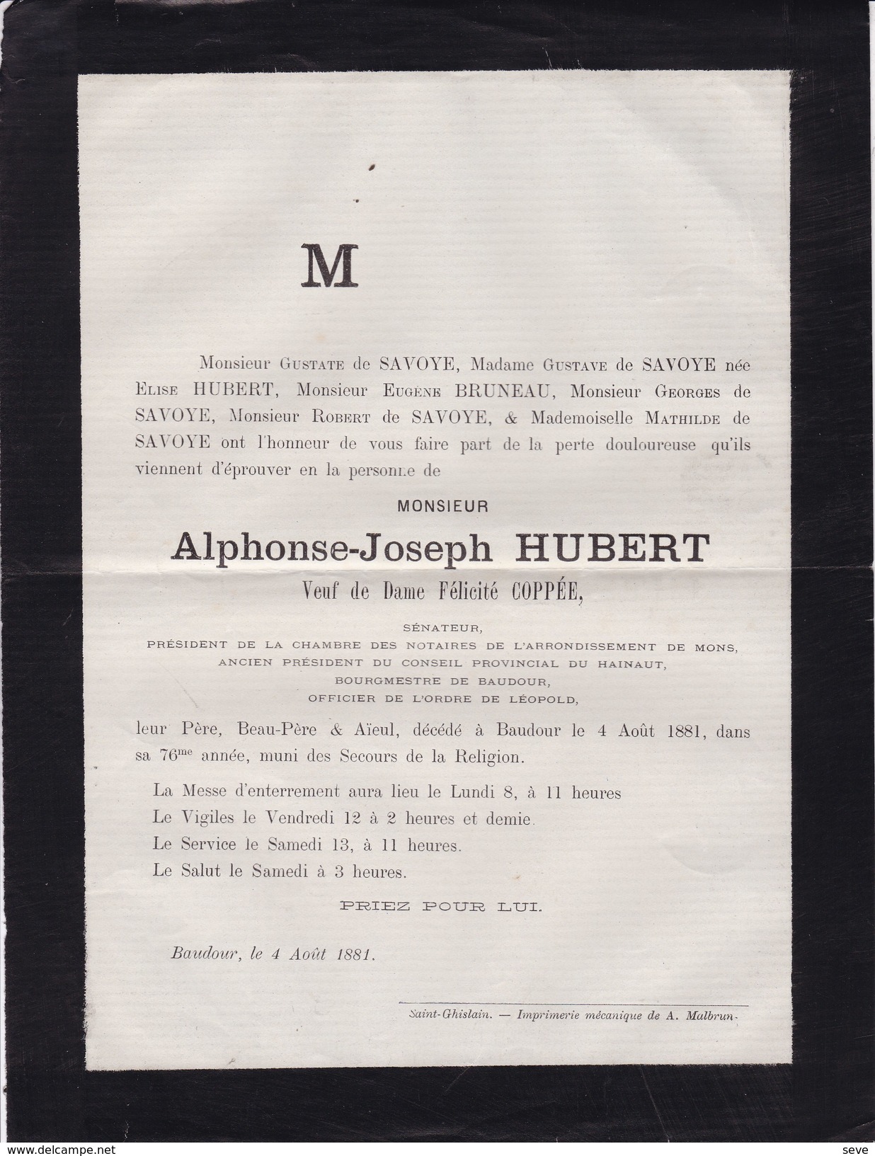 MONS BAUDOUR  Alphonse HUBERT Veuf COPPEE 76 Ans 1881 Notaire Bourgmestre Sénateur Famille BRUNEAU - Todesanzeige