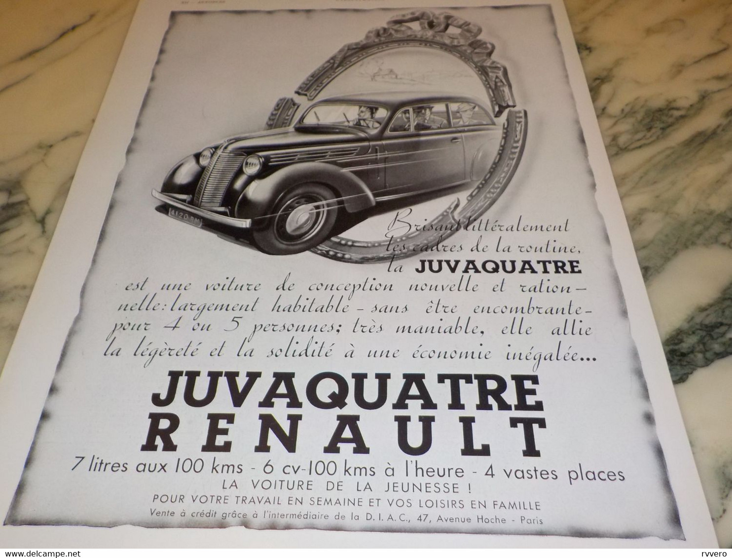 ANCIENNE PUBLICITE VOITURE JUVAQUATRE RENAULT   1939 - Voitures