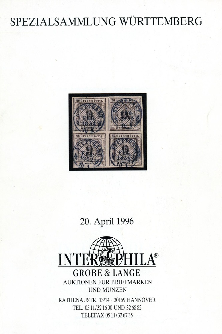 Spezialsammlung Württemberg INTERPHILA Grobe & Lange 1996 Kleiner Auktionskatalog - Other & Unclassified