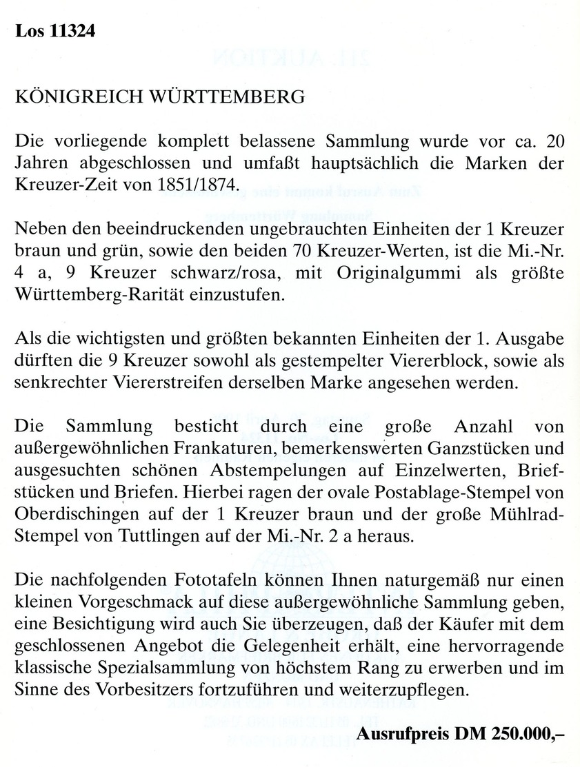 Spezialsammlung Württemberg INTERPHILA Grobe & Lange 1996 Kleiner Auktionskatalog - Other & Unclassified