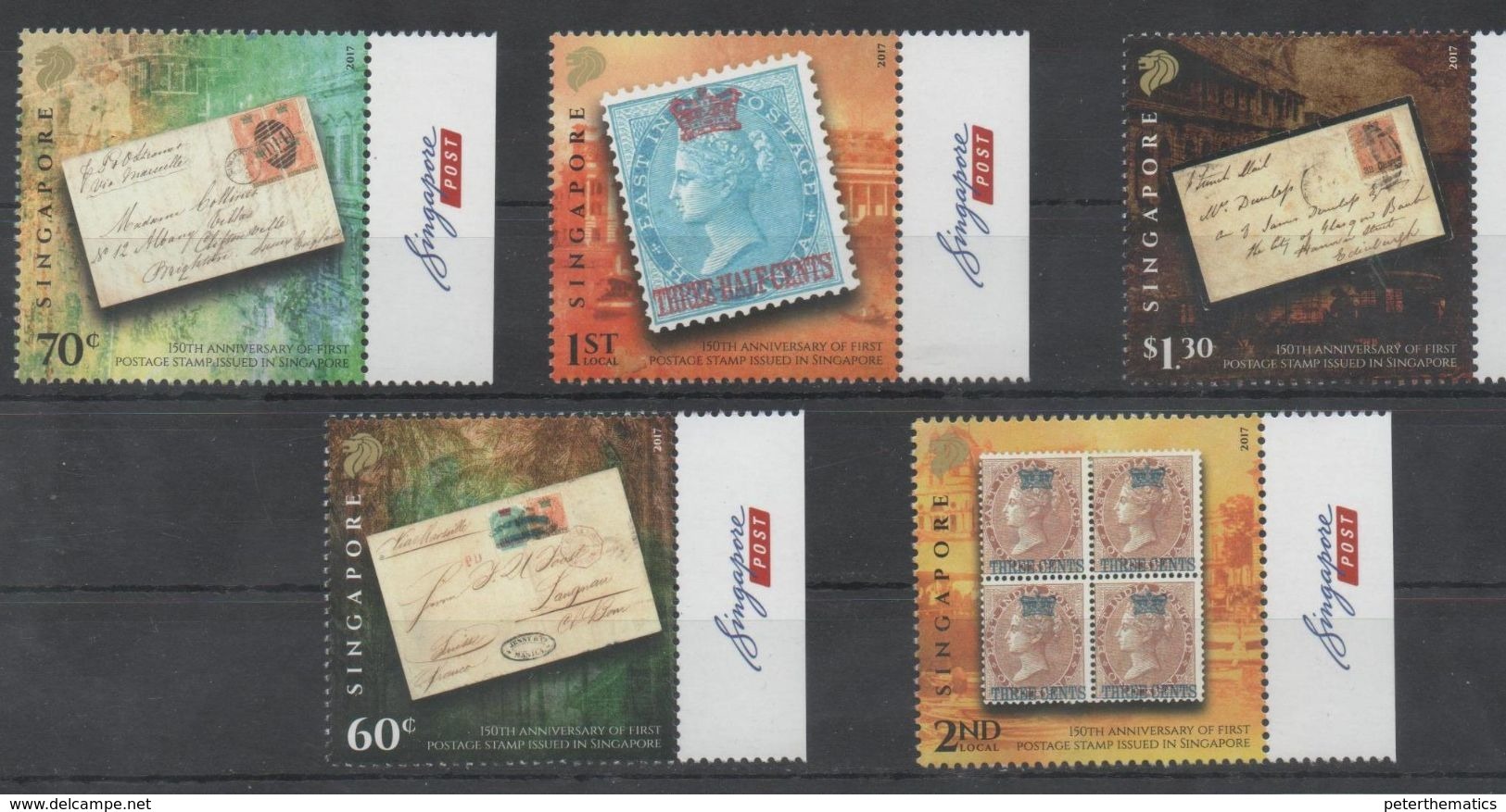 SINGAPORE, 2017, MNH, ANNIVERSARY OF  FIRST POSTAGE STAMP ISSUED IN SINGAPORE, STAMP ON STAMP, 5v - Briefmarken Auf Briefmarken