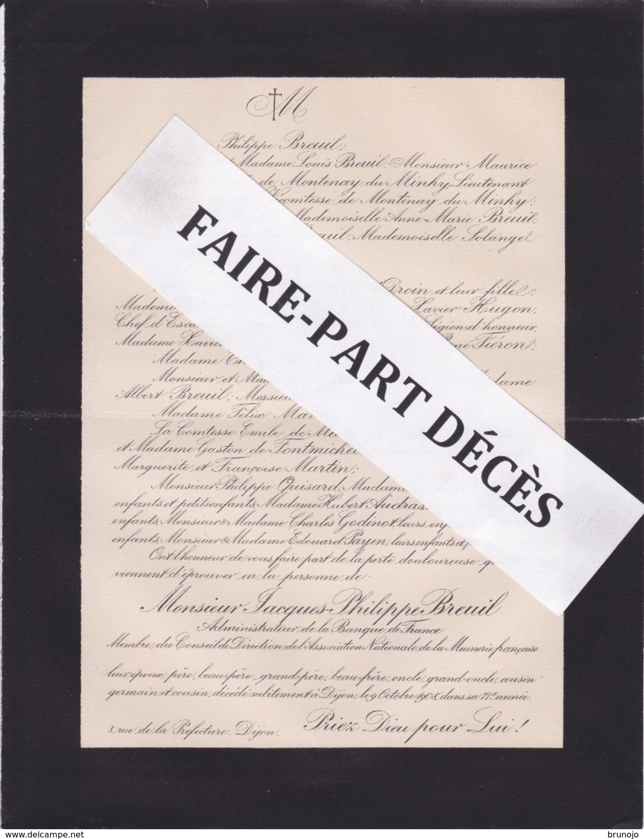 Faire-part Décès M. Jacques Philippe BREUIL, Administrateur Banque De France, Association Meunerie, Dijon, 1908 - Obituary Notices