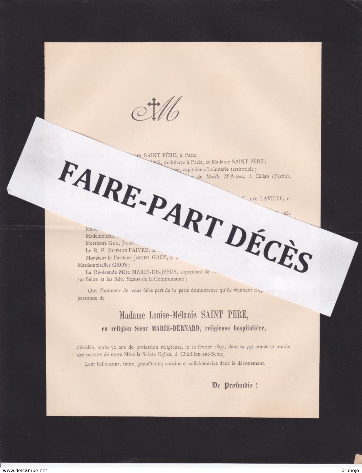 Faire-part Décès Mme Louise Mélanie SAINT PERE, En Religion Soeur Marie-Bernard, Châtillon-sur-Seine, 1897 - Décès