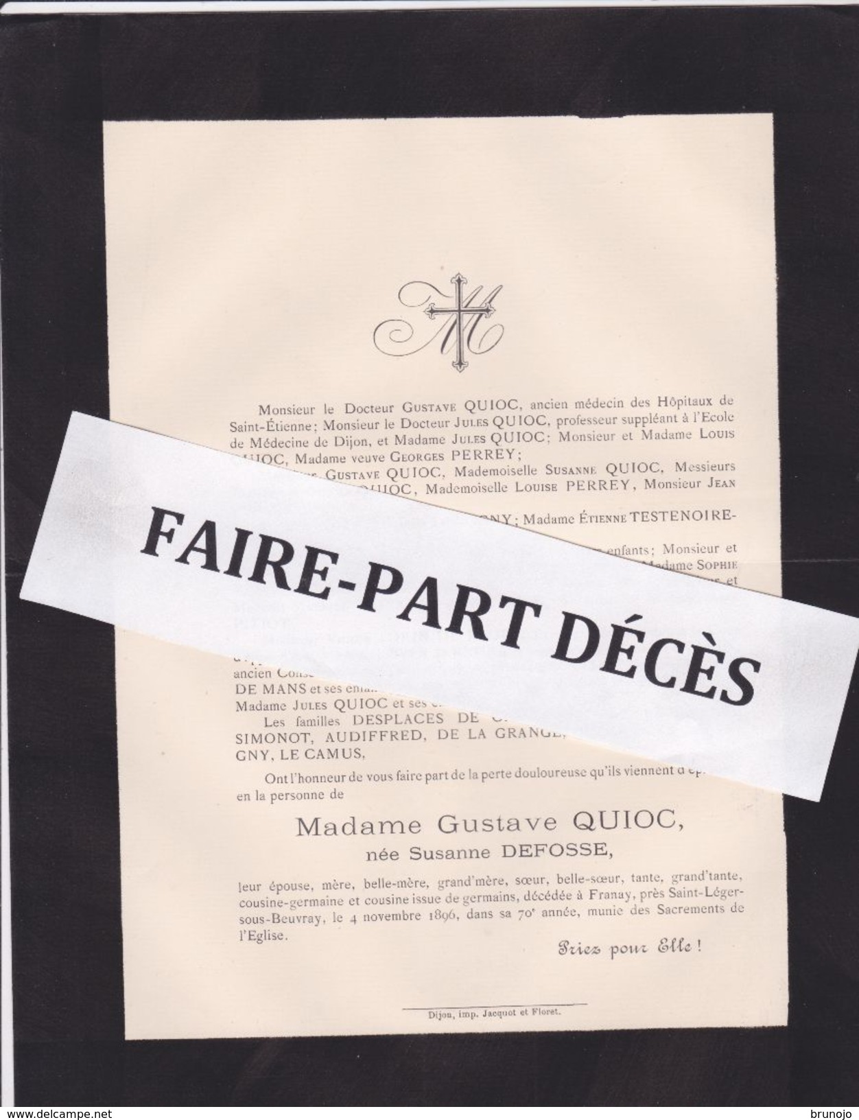 Faire-part Décès Mme Gustave QUIOC, Née Suzanne DEFOSSE, Franay, 1896 - Obituary Notices