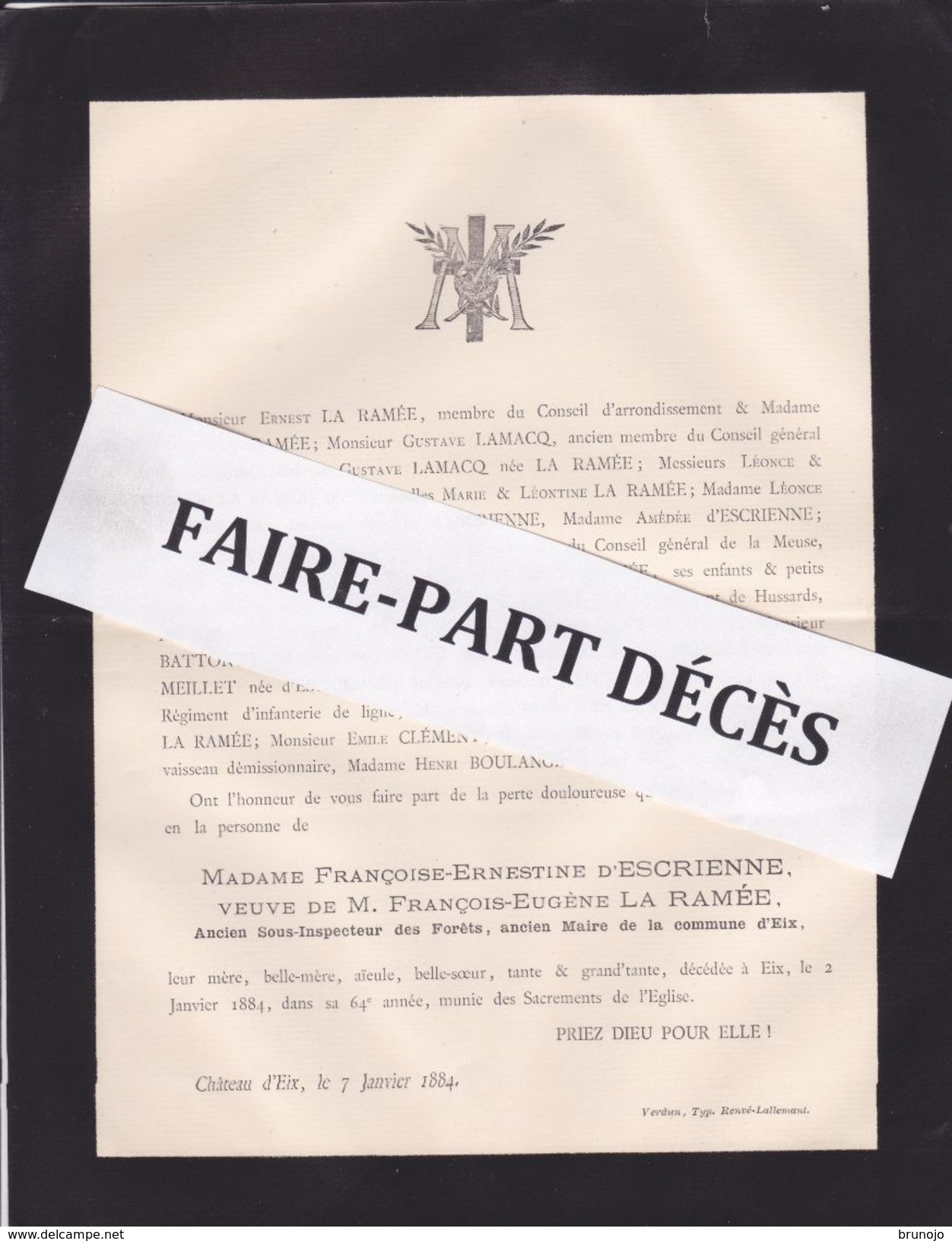 Faire-part Décès Mme Françoise Ernestine D'ESCRIENNE, Veuve De François Eugène LA RAMEE, Eix, 1884 - Obituary Notices