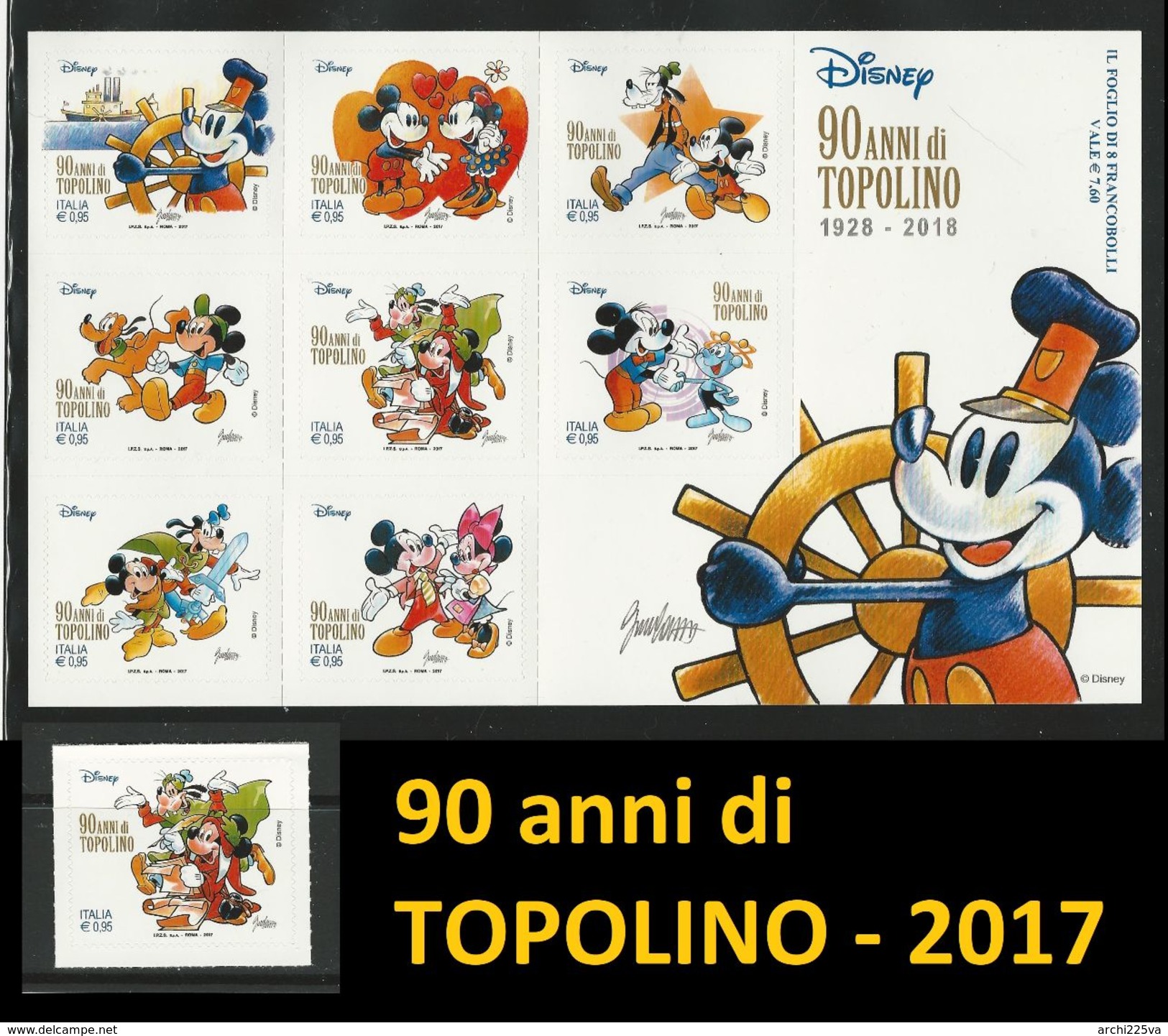 ITALIA 2017 - 90 Anni Di Topolino - W. Disney Italia - Grande Foglietto + Singolo = 9 Valori ** - 2011-20:  Nuovi