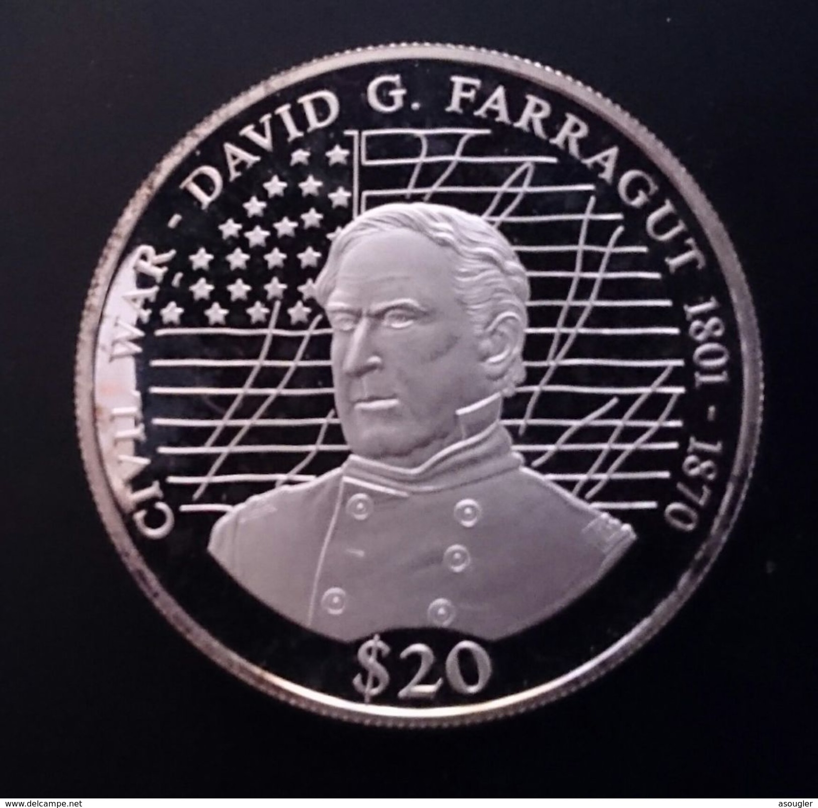 LIBERIA 20 DOLLARS 2000 SILVER PROOF "Admiral David G. Farragut" Free Shipping Via Registered Air Mail - Liberia