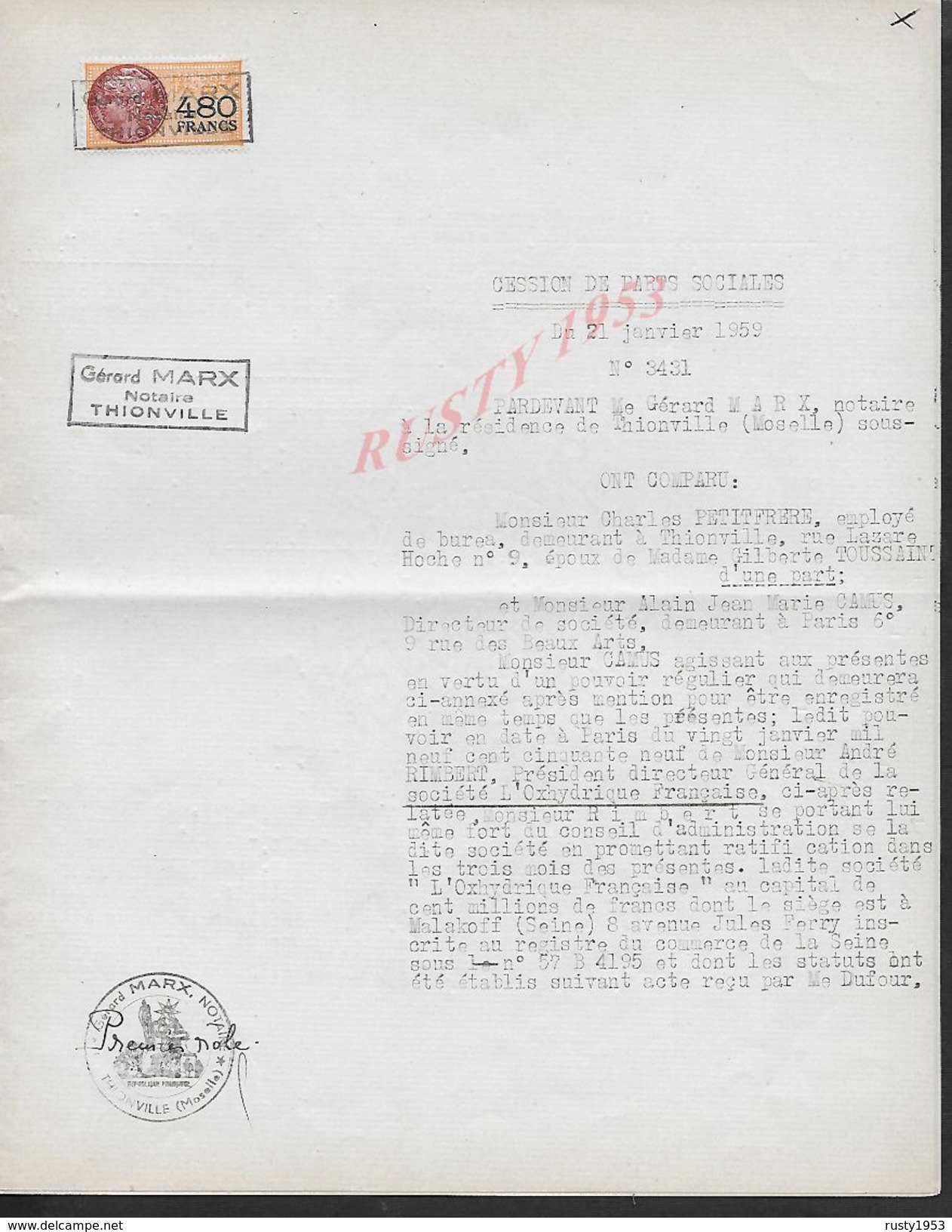 THIONVILLE 1959 ACTE CESSION DE PARTS Mr PETITFRERE CHARLES À CAMUS ALAIN JEAN MARIE 10 PAGES - Manuscripts