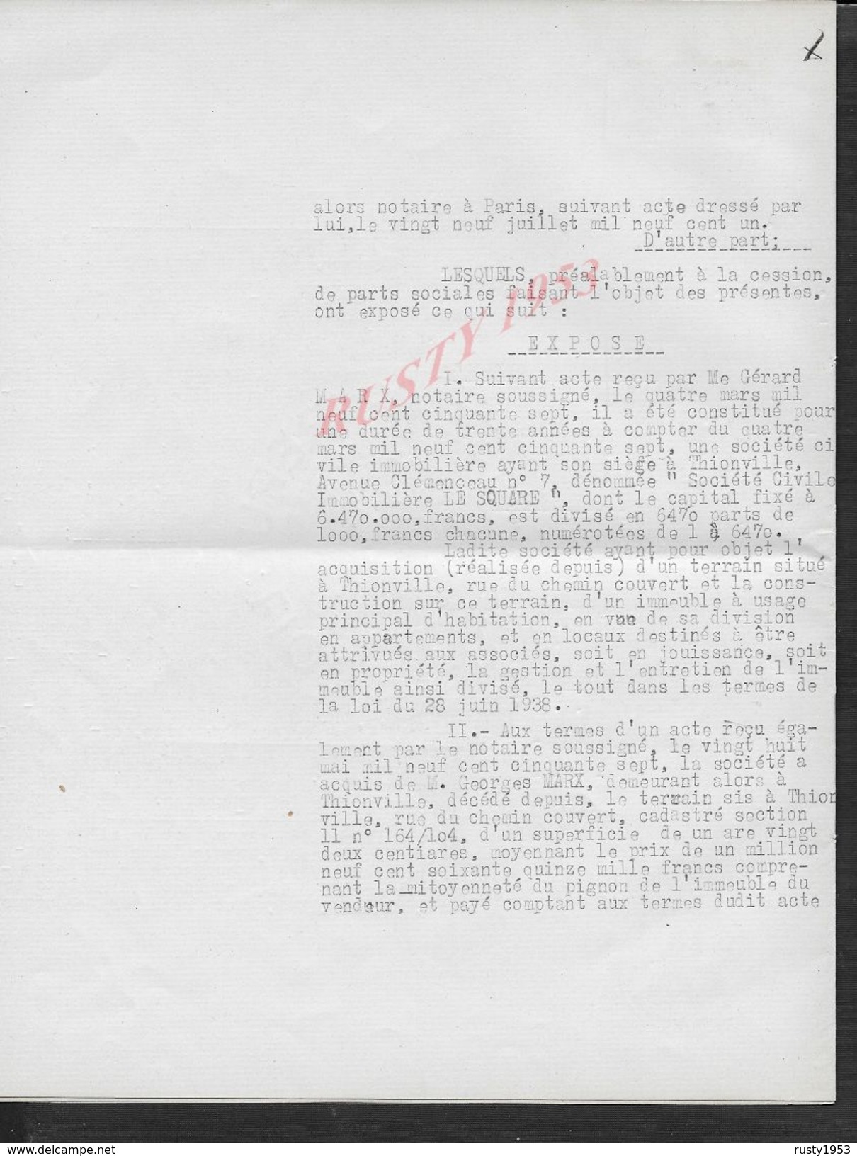 THIONVILLE 1959 ACTE CESSION DE PARTS Mr PETITFRERE CHARLES À CAMUS ALAIN JEAN MARIE 10 PAGES - Manuscripts