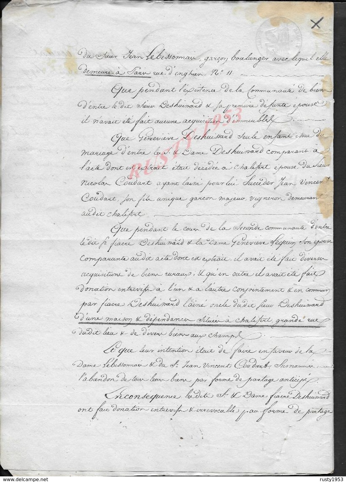 CHALIFERT CHESSY 1832 ACTE DE DONATION & PARTAGE Mr DESHUISSARD VIGNERON 15 PAGES : - Manuscripts